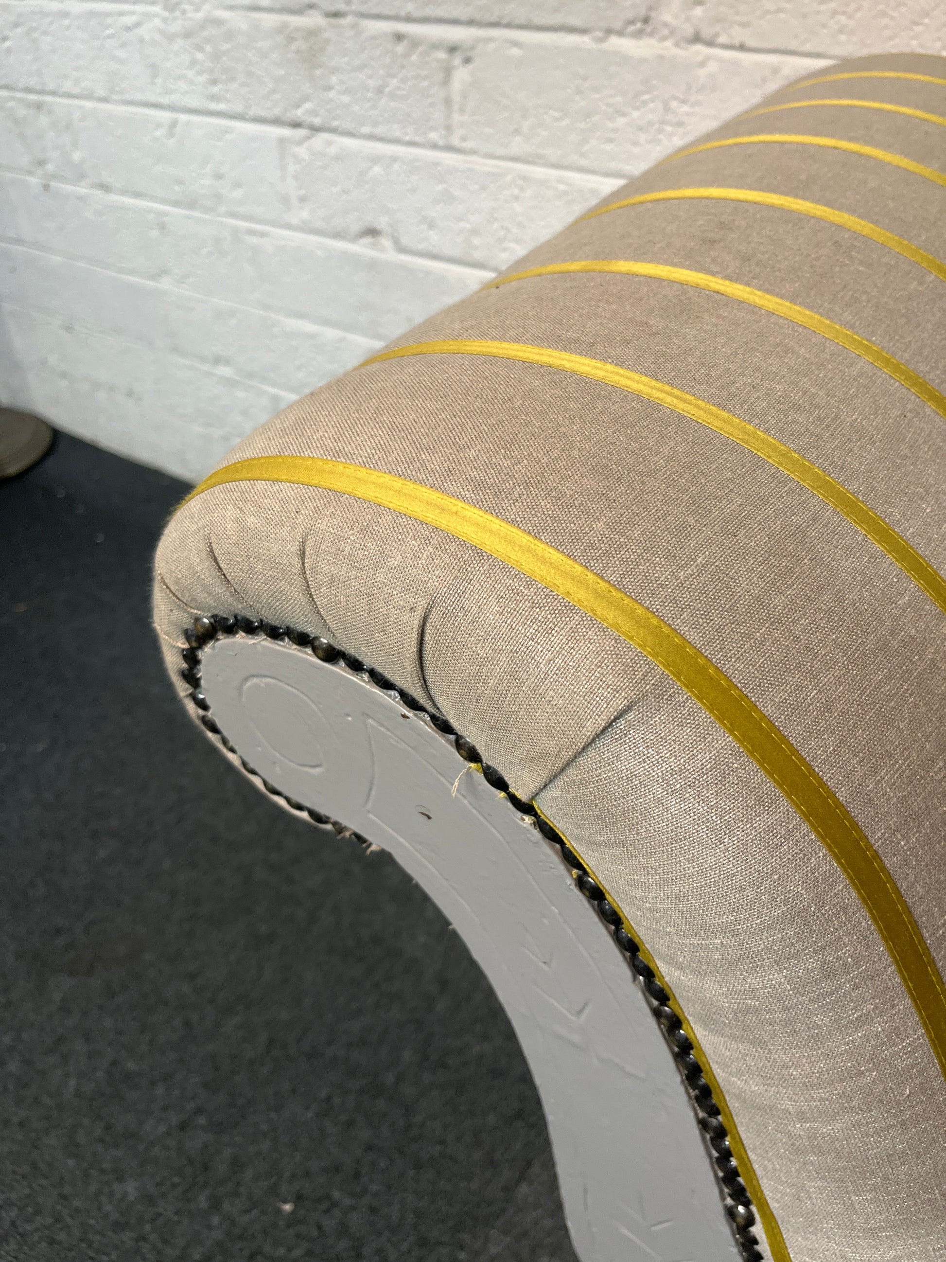 Grey and yellow striped fabric chaise lounge with grey painted wooden frame 3225
