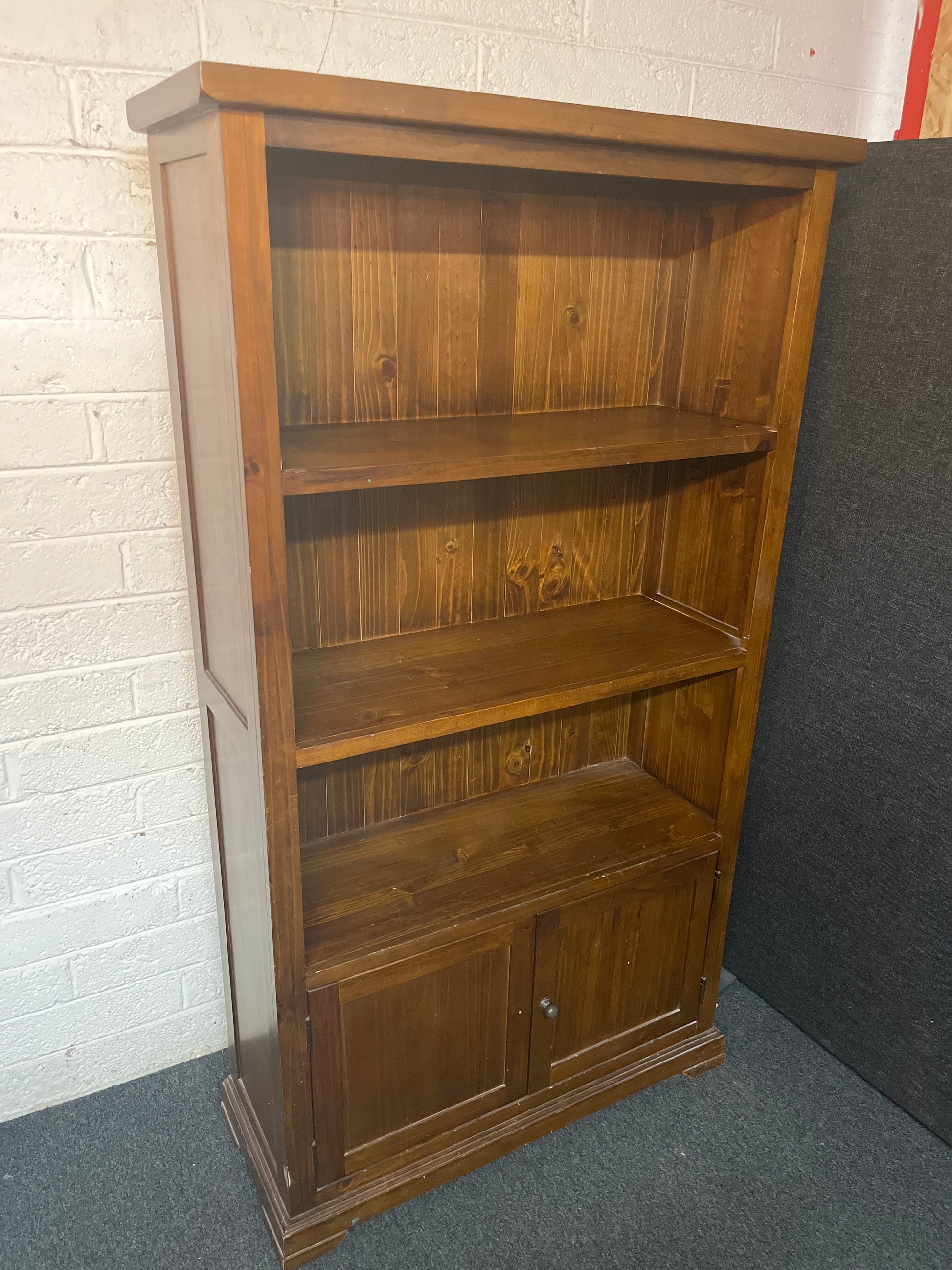 Tall solid dark wood stained top open 2 base door display unit (H 180 x W 100 x D 38 cm) 2225