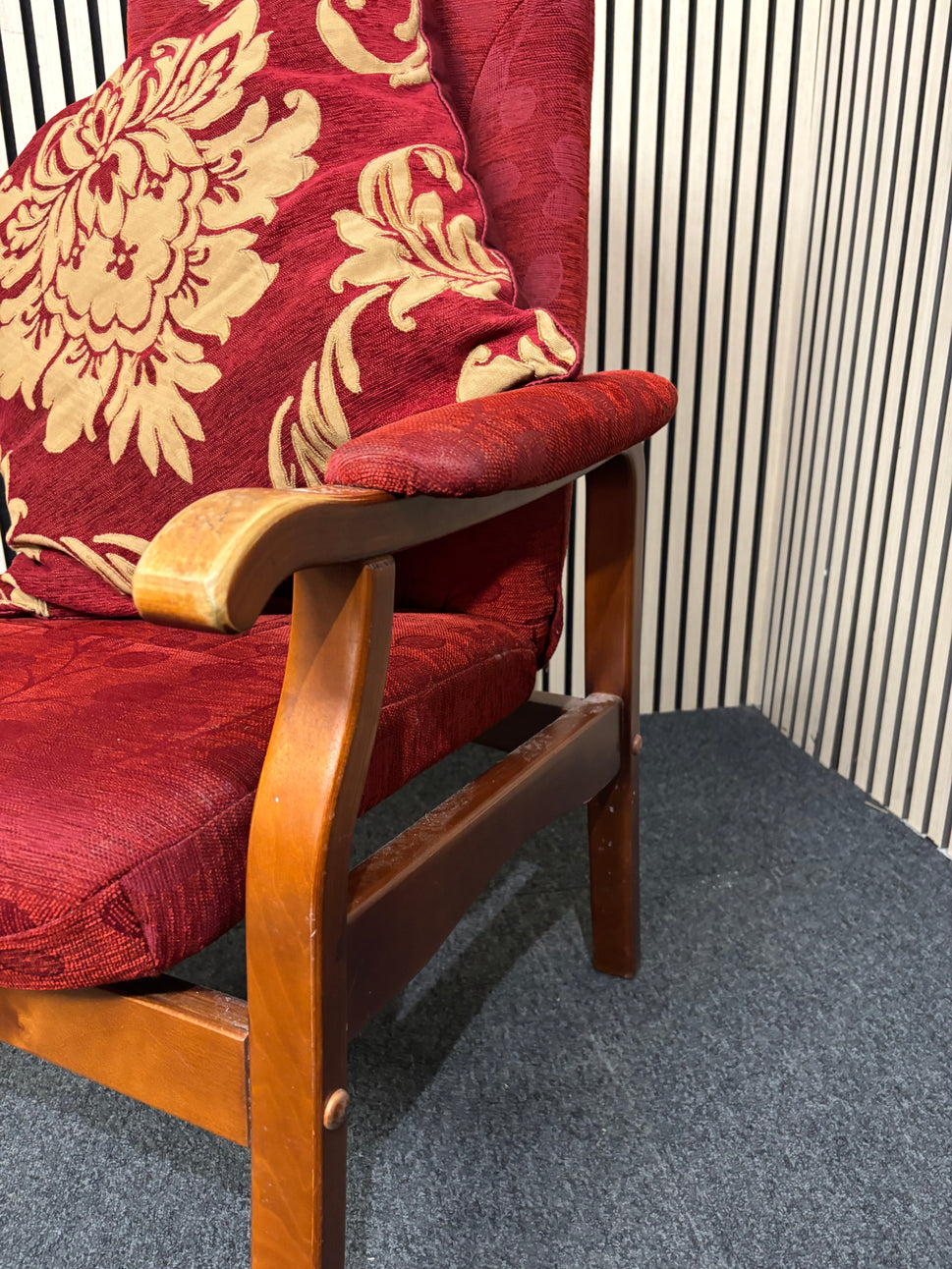 High back solid dark wood framed fireside armchair in dark wine mix fabric  3126