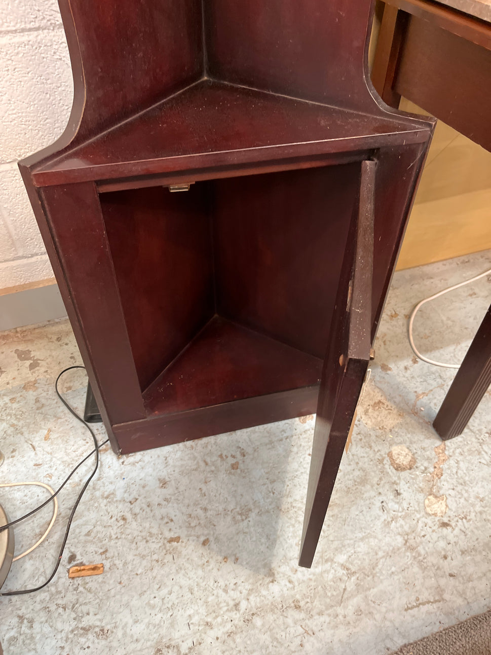 Tall mahogany corner what not with base door%A0 2125