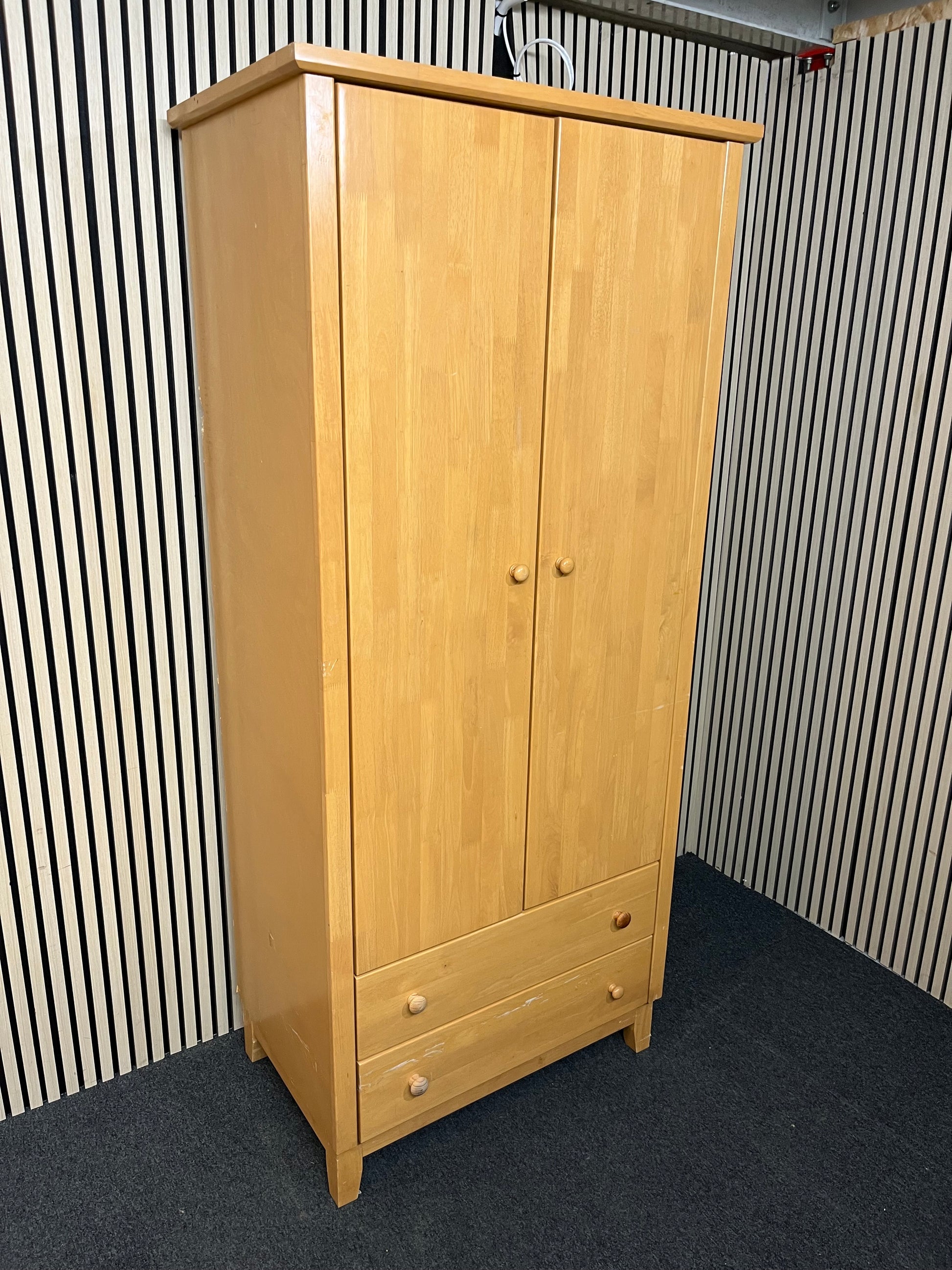 Tall beech two door wardrobe with two base drawers (H 208 x W 88 x D 58 cm) 1425