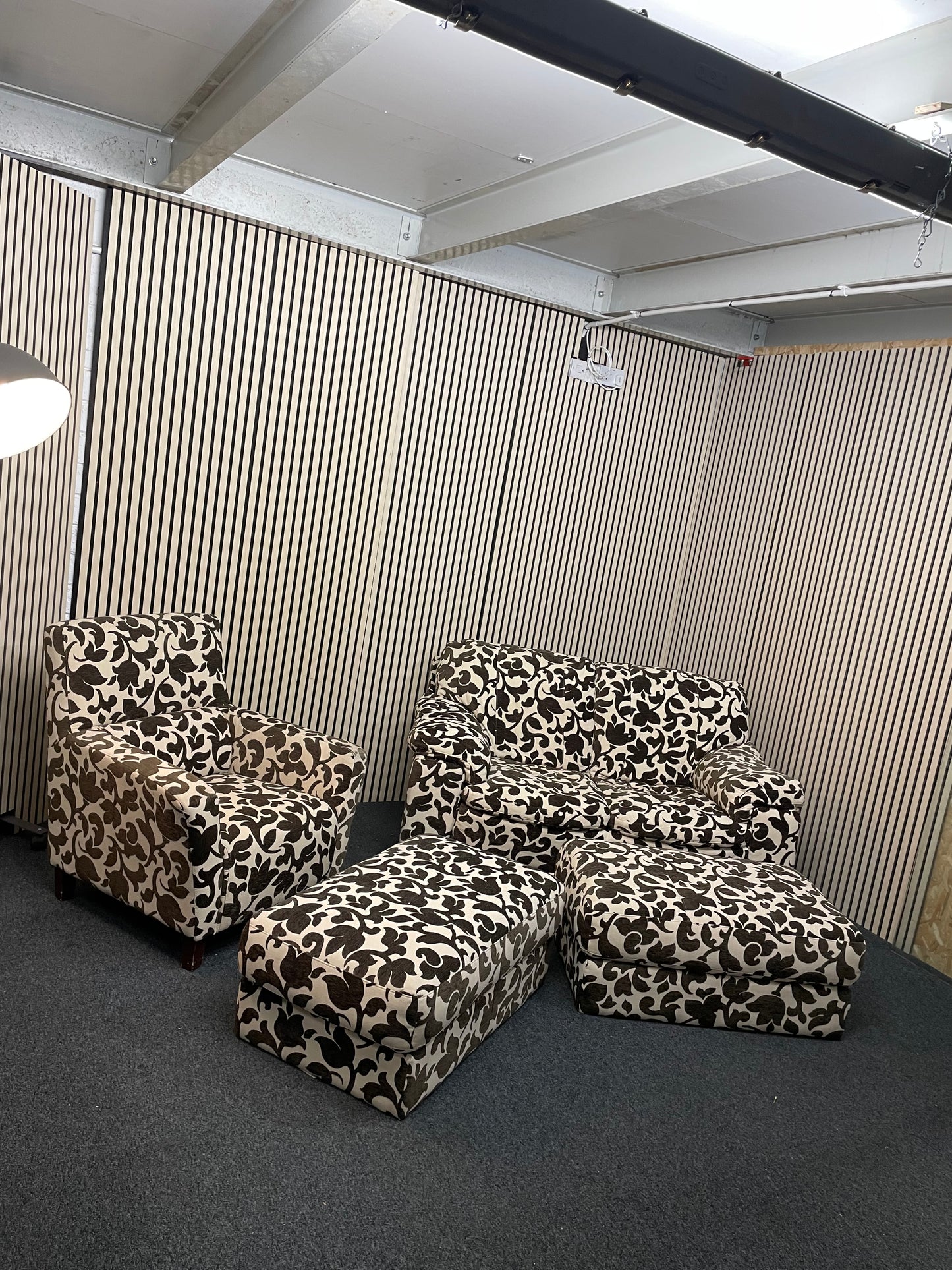 2 seater brown and cream floral fabric sofa (Width 160 cm) with matching armchair and ottomons  4225