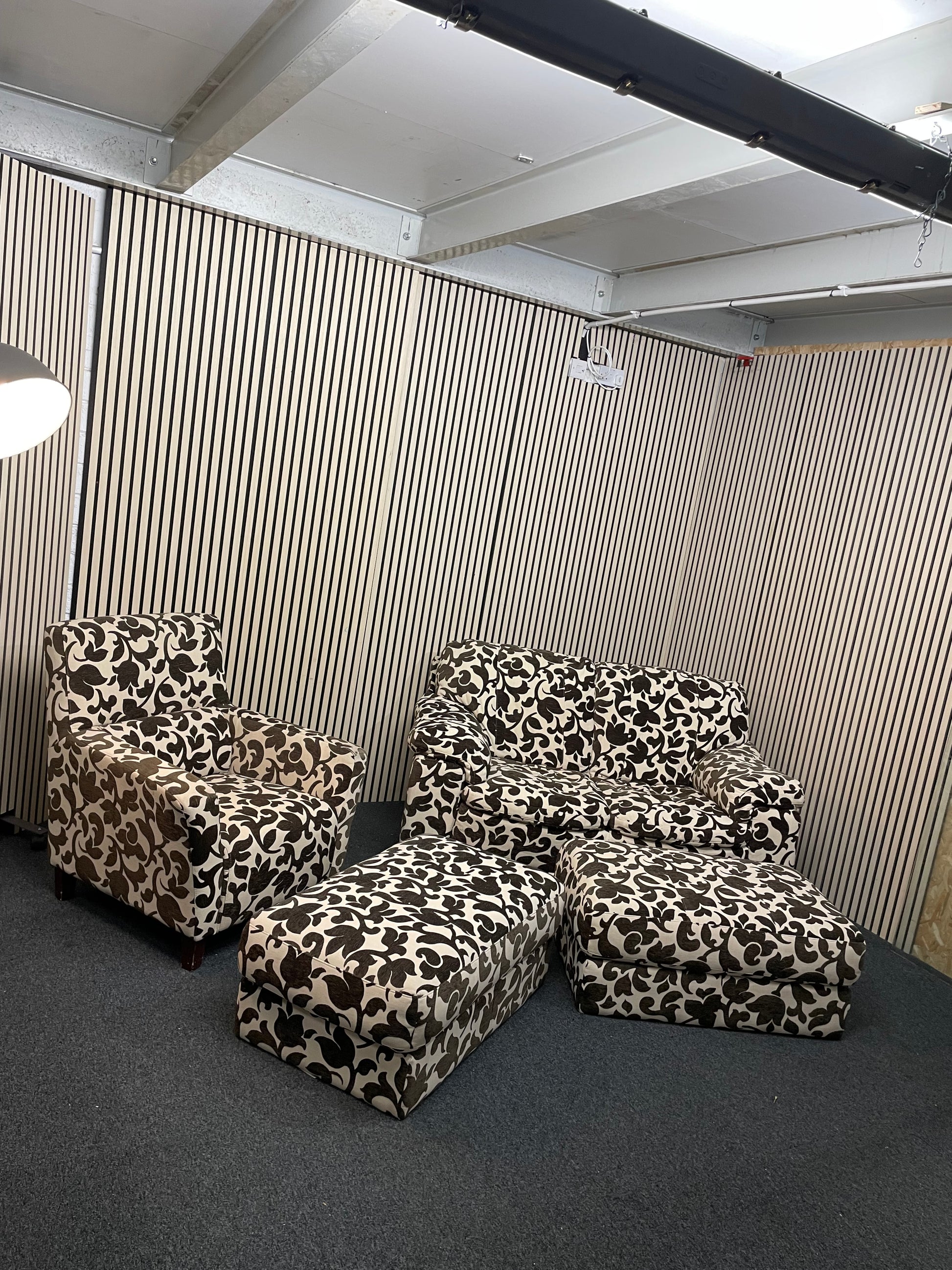 2 seater brown and cream floral fabric sofa (Width 160 cm) with matching armchair and ottomons  4225