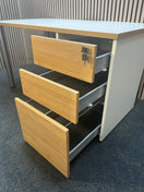 (GRADE A) White and Oak 1400 x 800 desk with push press pedestal + (Grade A) Blue fabric swivel chair bundle
