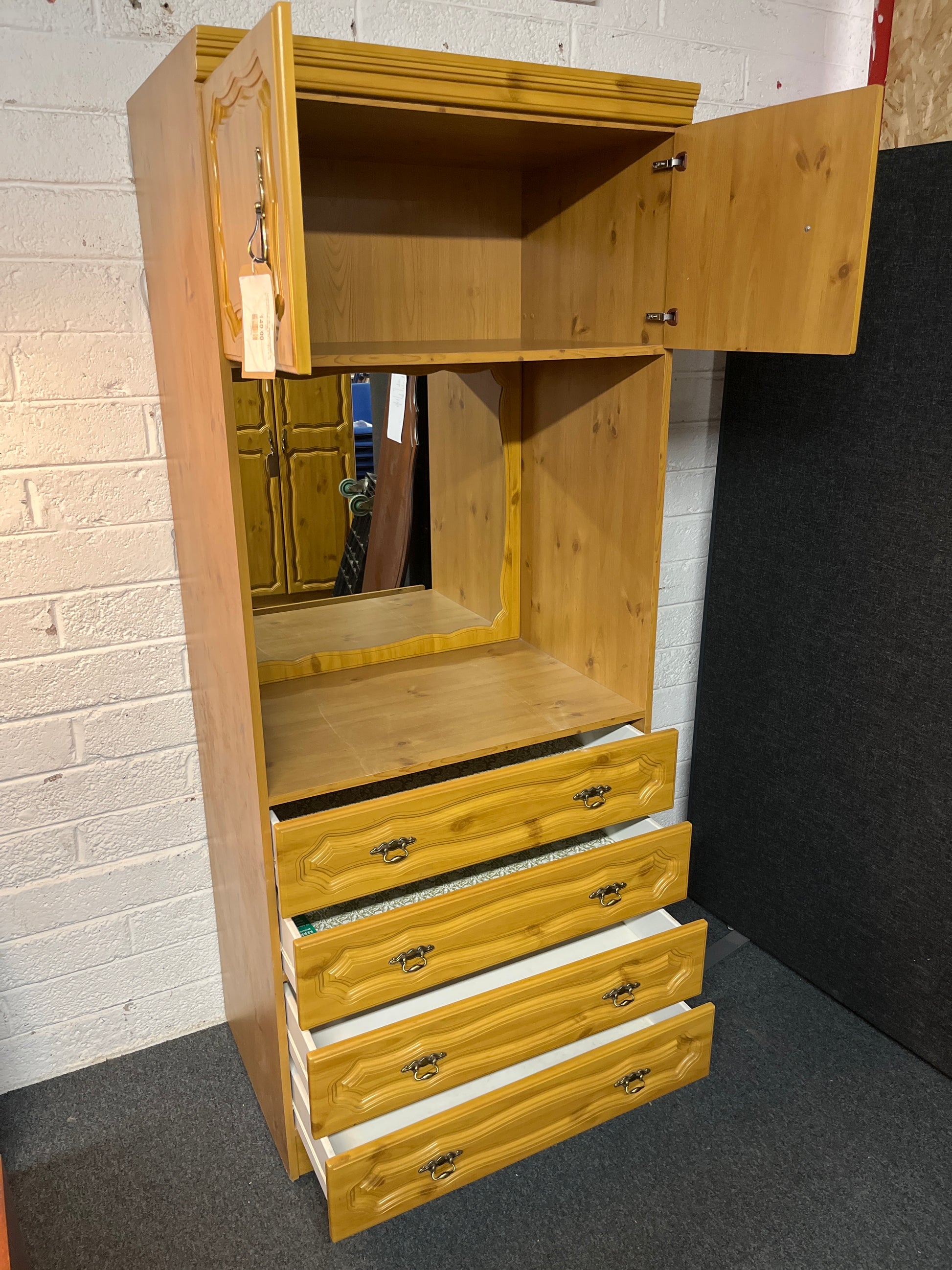 Tall pine laminate ornate 4 drawer dressing table with mirror and overhead storage (H 180 x W 78 x D 54 cm) 2225