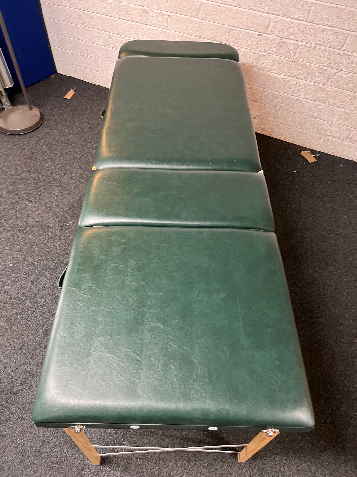 Metal and wood framed, folding Massage table in green PU leatherette with headrest  2225