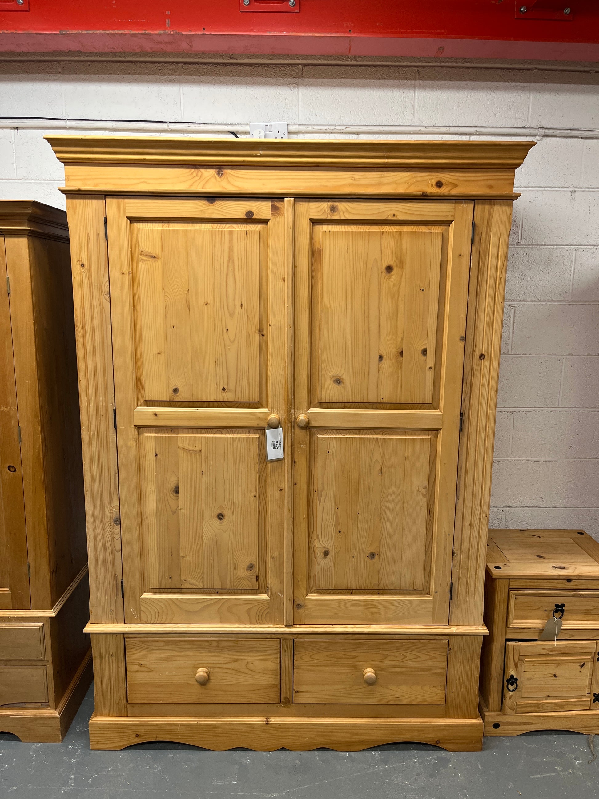 Large 2 door 2 drawer pitch pine wardrobe (H 205 x W 145 x D 59 cm) 2225
