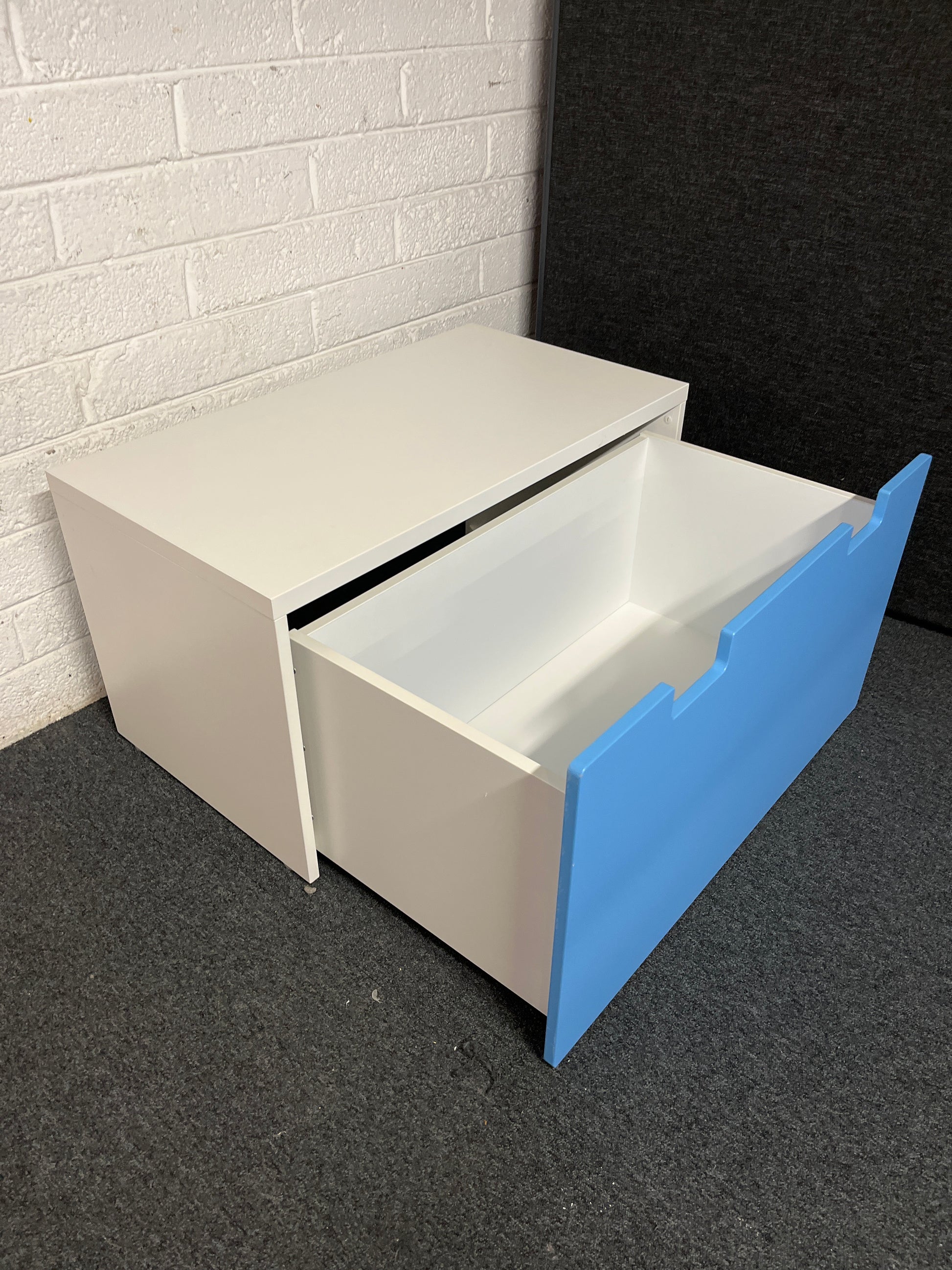 White framed, blue front pull out storage drawer 2225