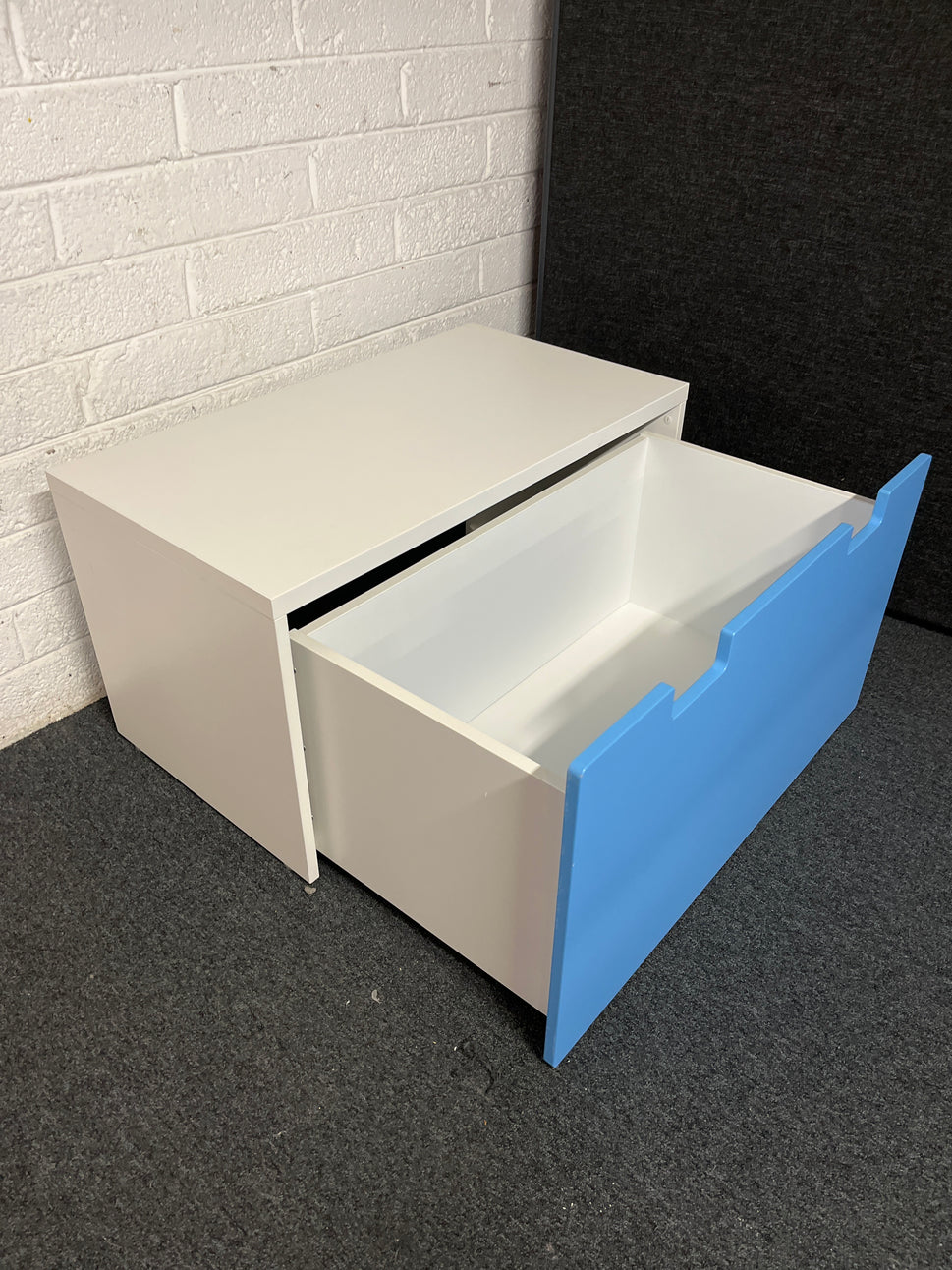White framed, blue front pull out storage drawer 2225