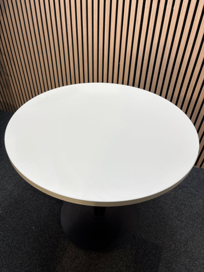Monza circular dining table with flat black round base and white 800mm diameter table top