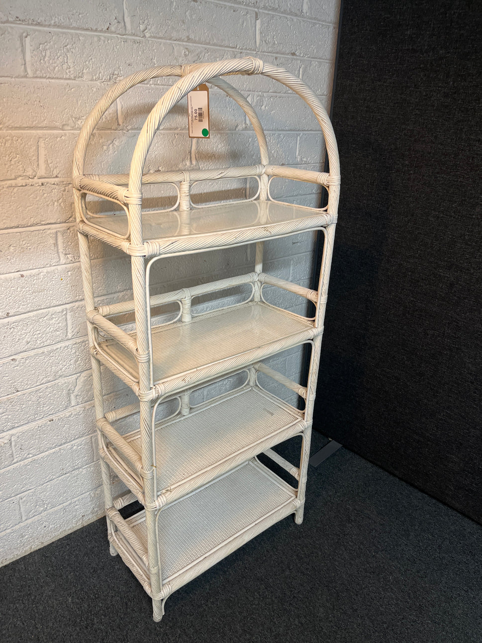 Lloyd Loom style tall white painted cane open bookcase 1450Hx600Wx300D 2225