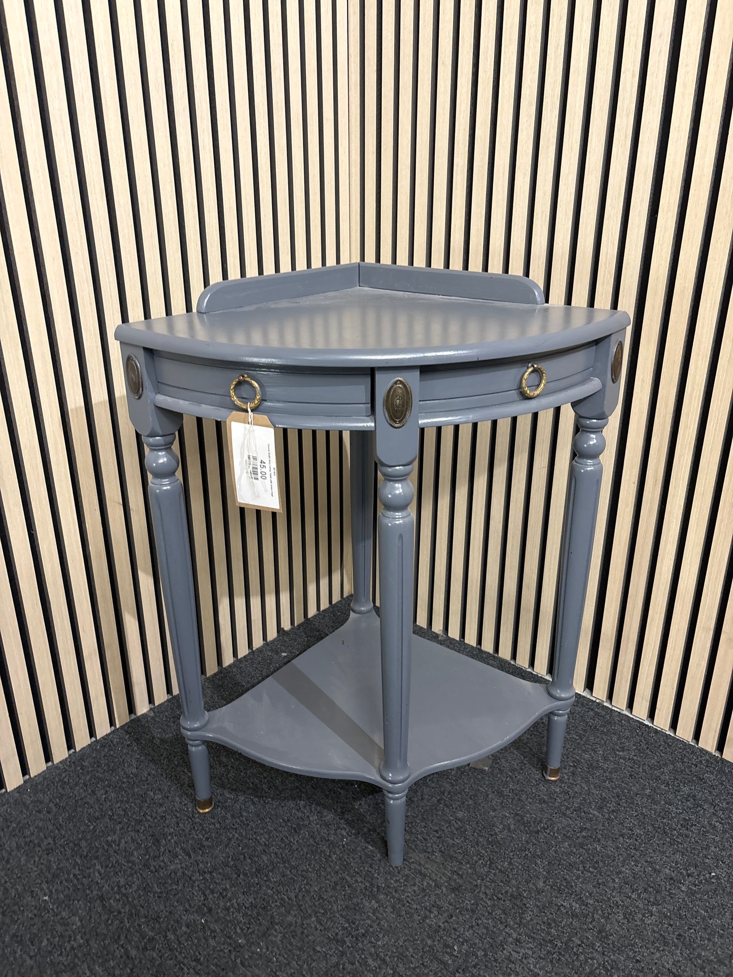 Corner Solid Grey Lamp Table with brass rings