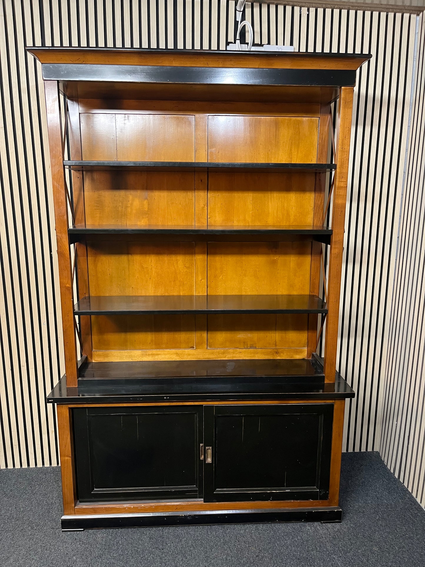 Large solid dark wood stained top open bookcase unit with sliding base doors (H 205 x W 131 x D 44 cm) 43688