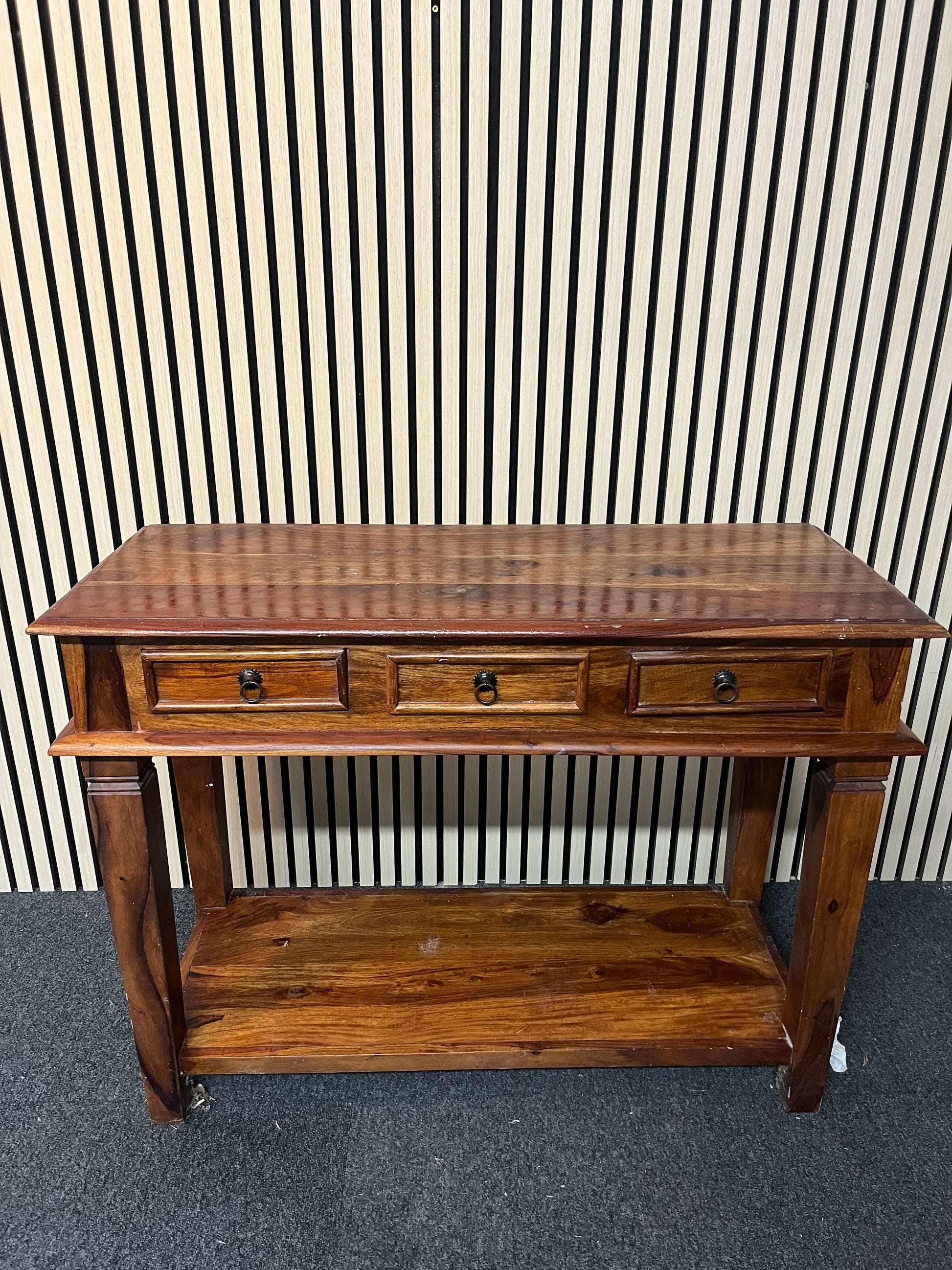 Large solid dark wood stained 3 drawer console table with base shelf 1325p