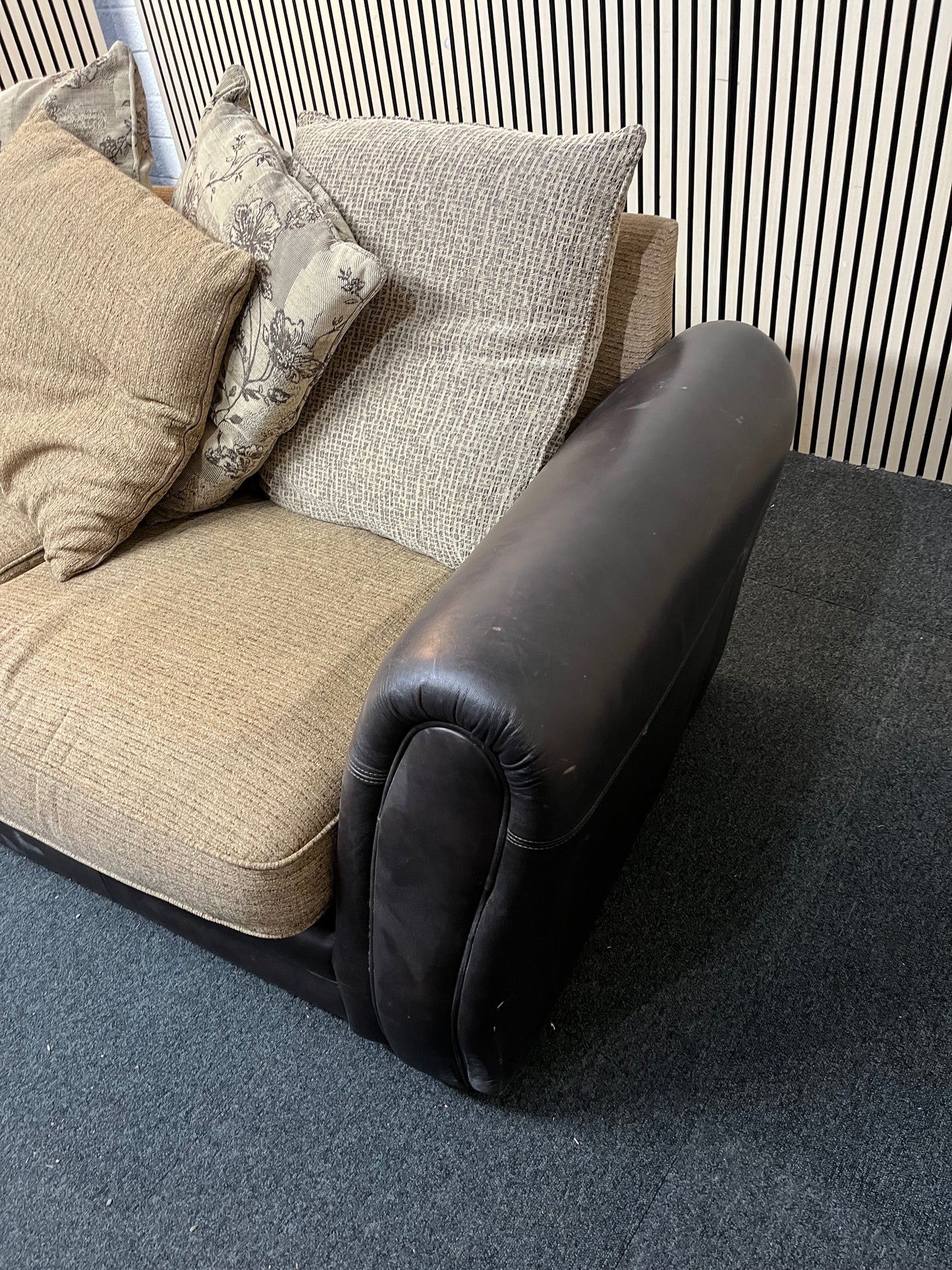 2 Seater sofa brown leatherette framed, brown mix fabric cushions 1126