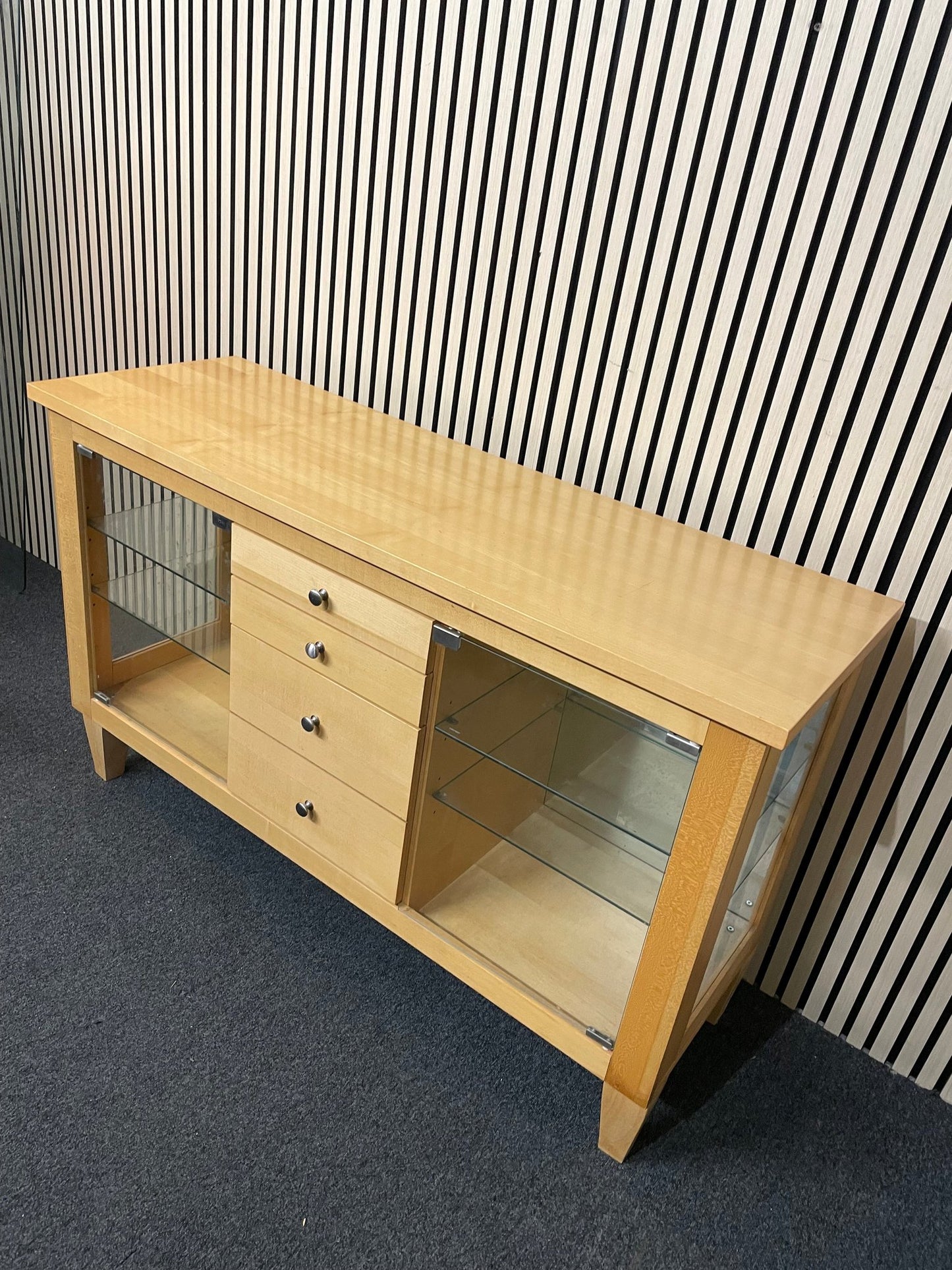 Light beech veneer 2 glass door 4 drawer sideboard( L x 135 W x 45 H x 82 cm)  3325