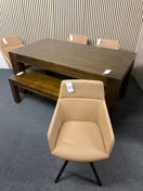 Switch Large solid dark wood stained rectangular dining table with matching bench and 4 no. tripod base salmon leather seats 1325 3 image