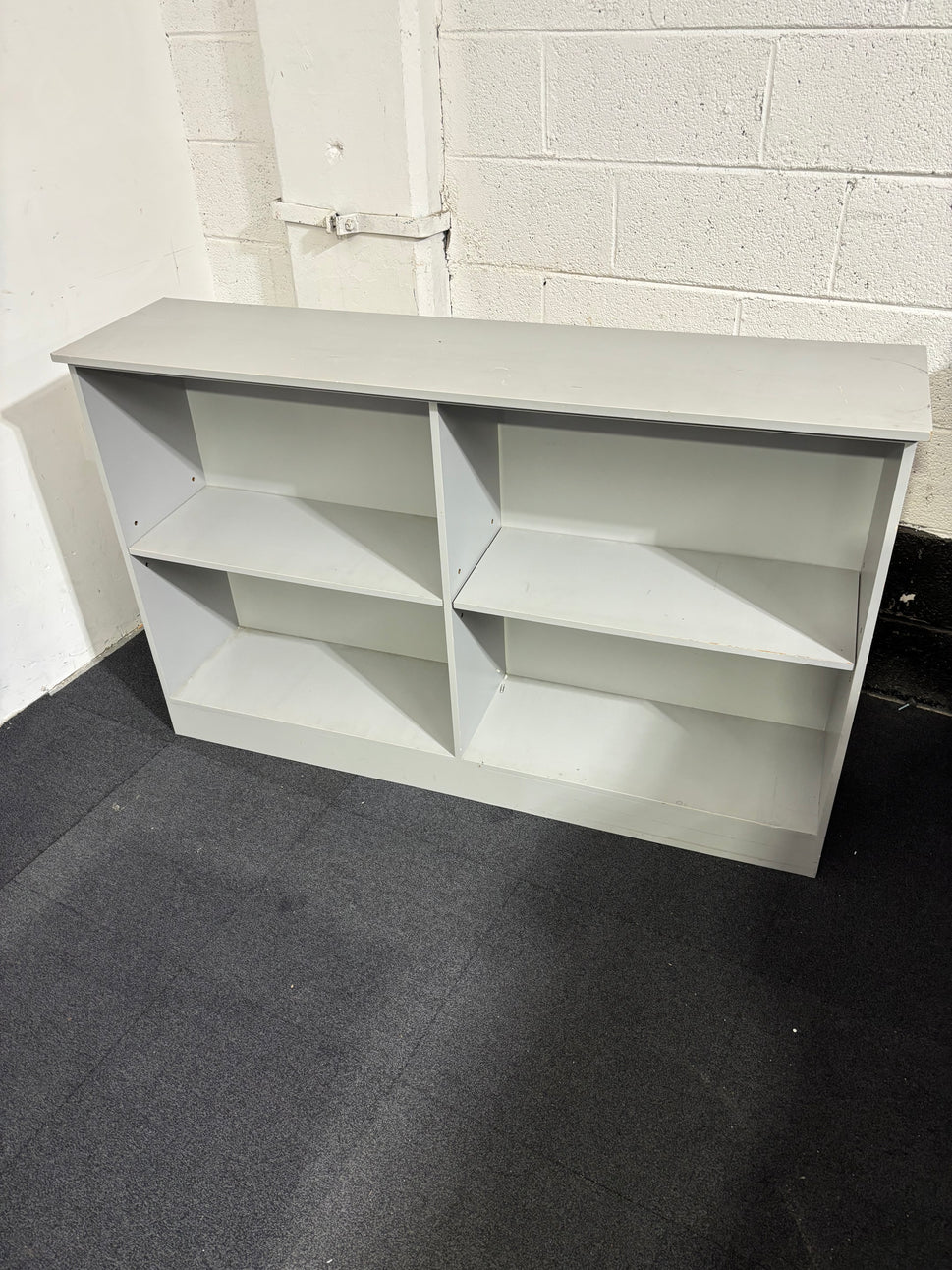 Grey mdf long low  4 section bookcase with adjustable shelves 93Hx148Lx35.5D
