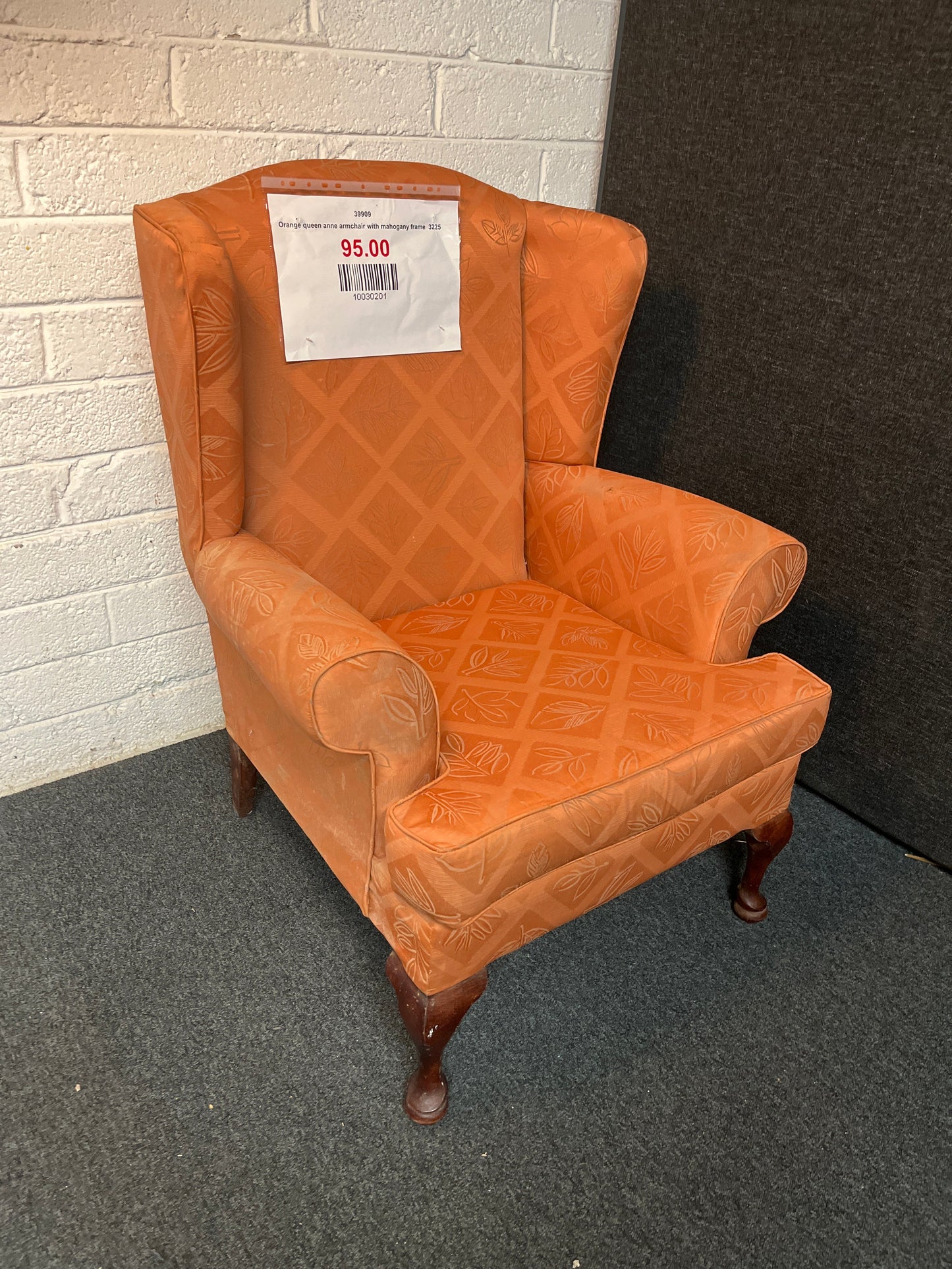 Orange queen anne armchair with mahogany frame  3225