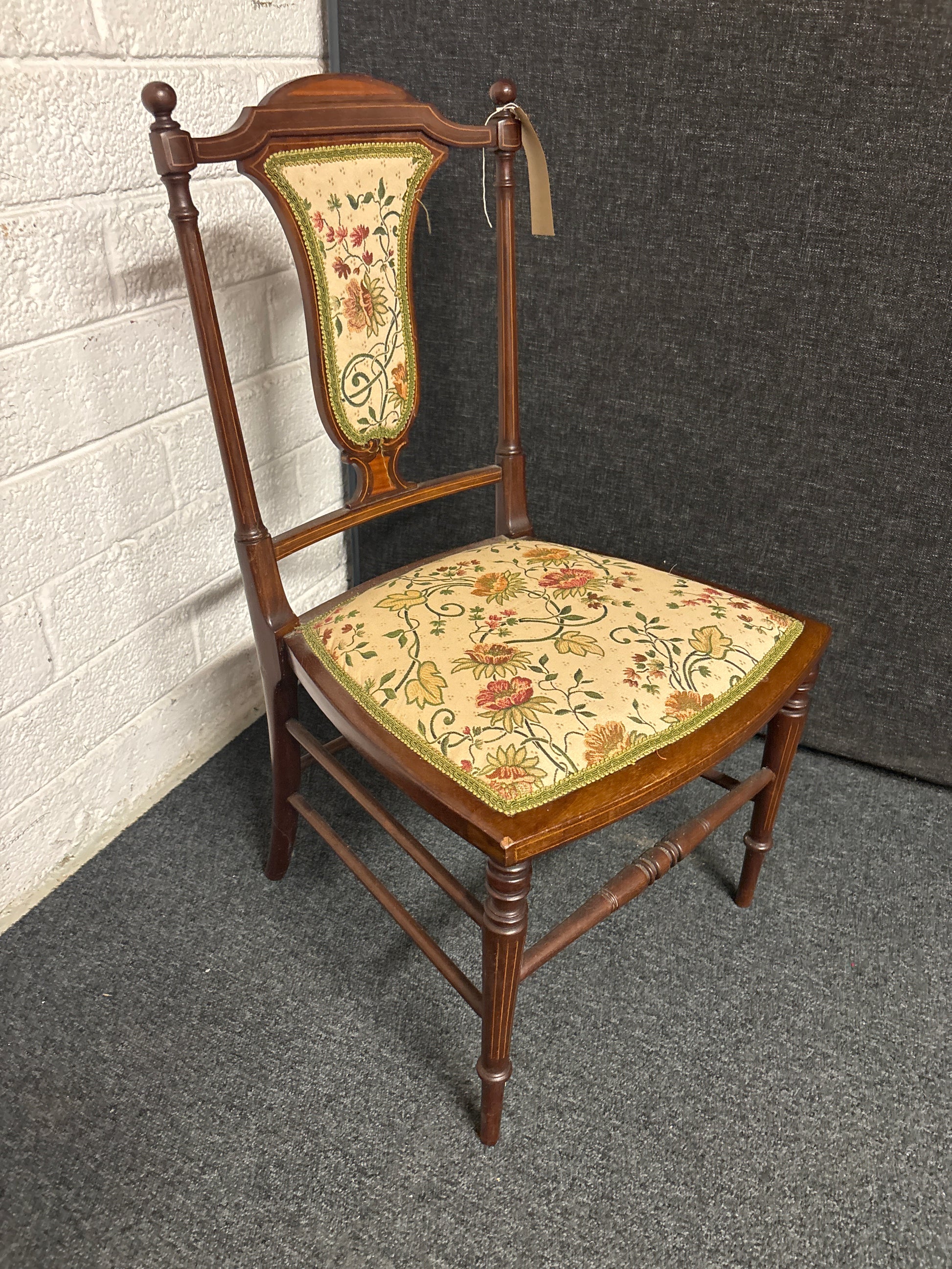 Ornate mahogany dining chair with floral pattern seat fabric 3225