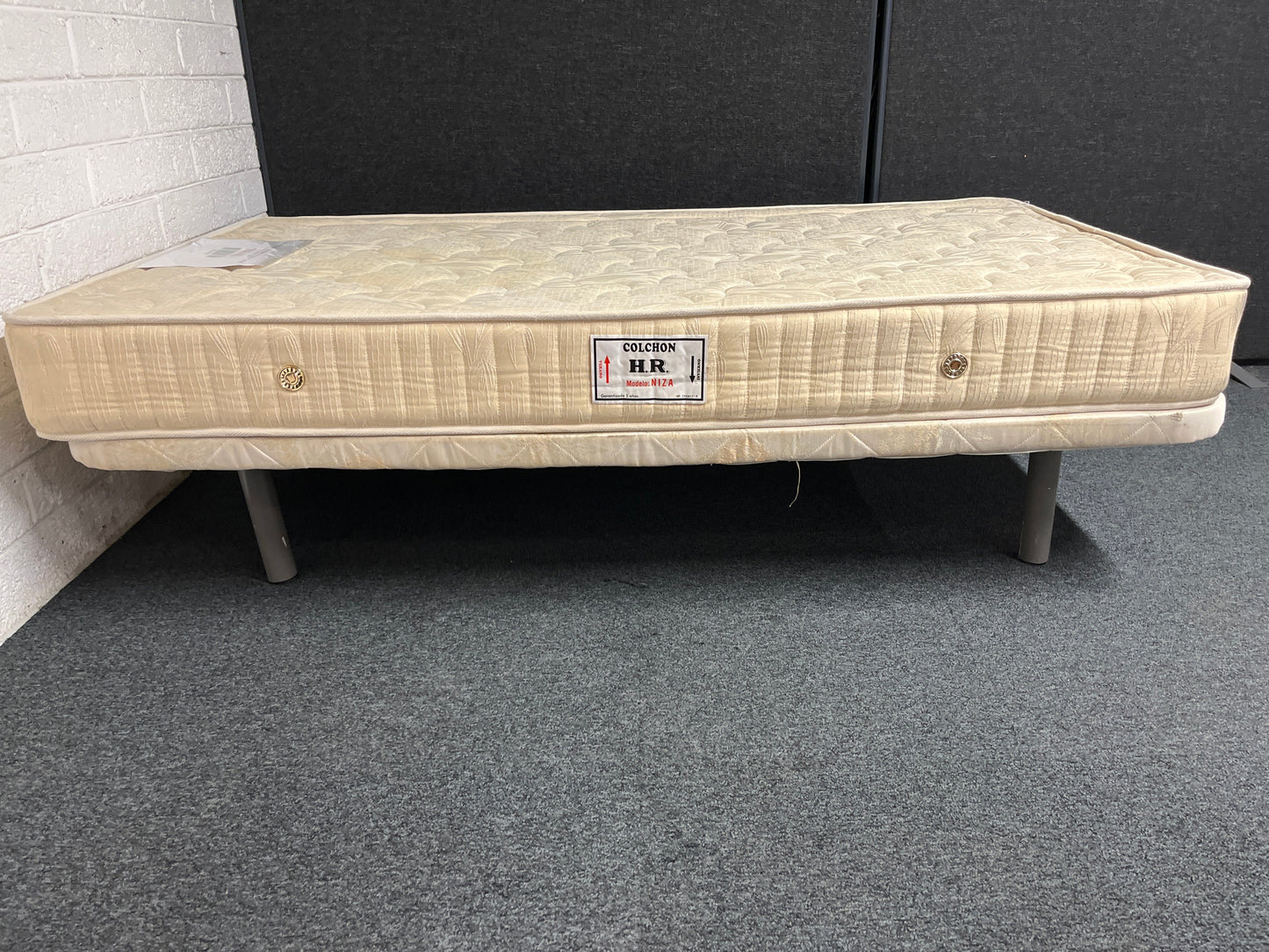 3ft 6 wide small fabric divan base on legs with a matching ortho 3ft 6 mattress  2225