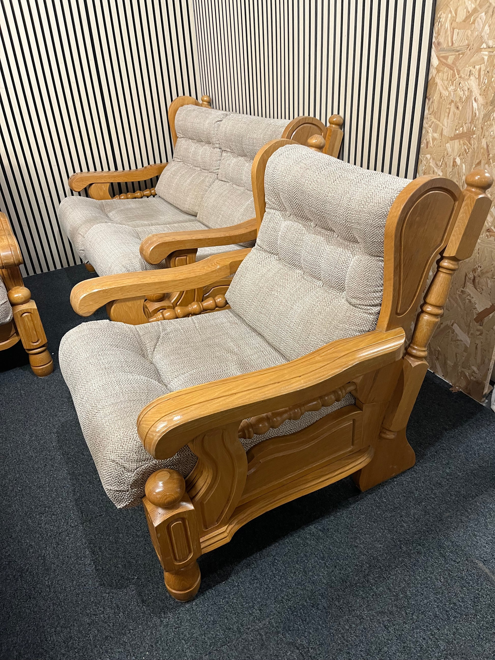 Solid Dutch Oak 2+2+1+1 sofa suite with light brown fabric cushions (imported from South Africa)