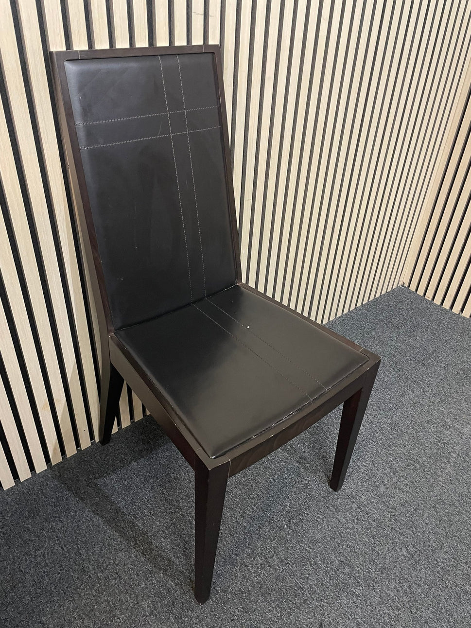 black leatherette dining chair with dark wood frame  2425
