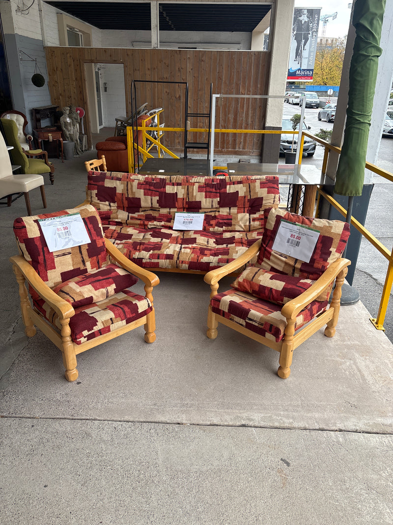 Solid wood framed armchair with burgandy and cream pattern fabric seat   44745