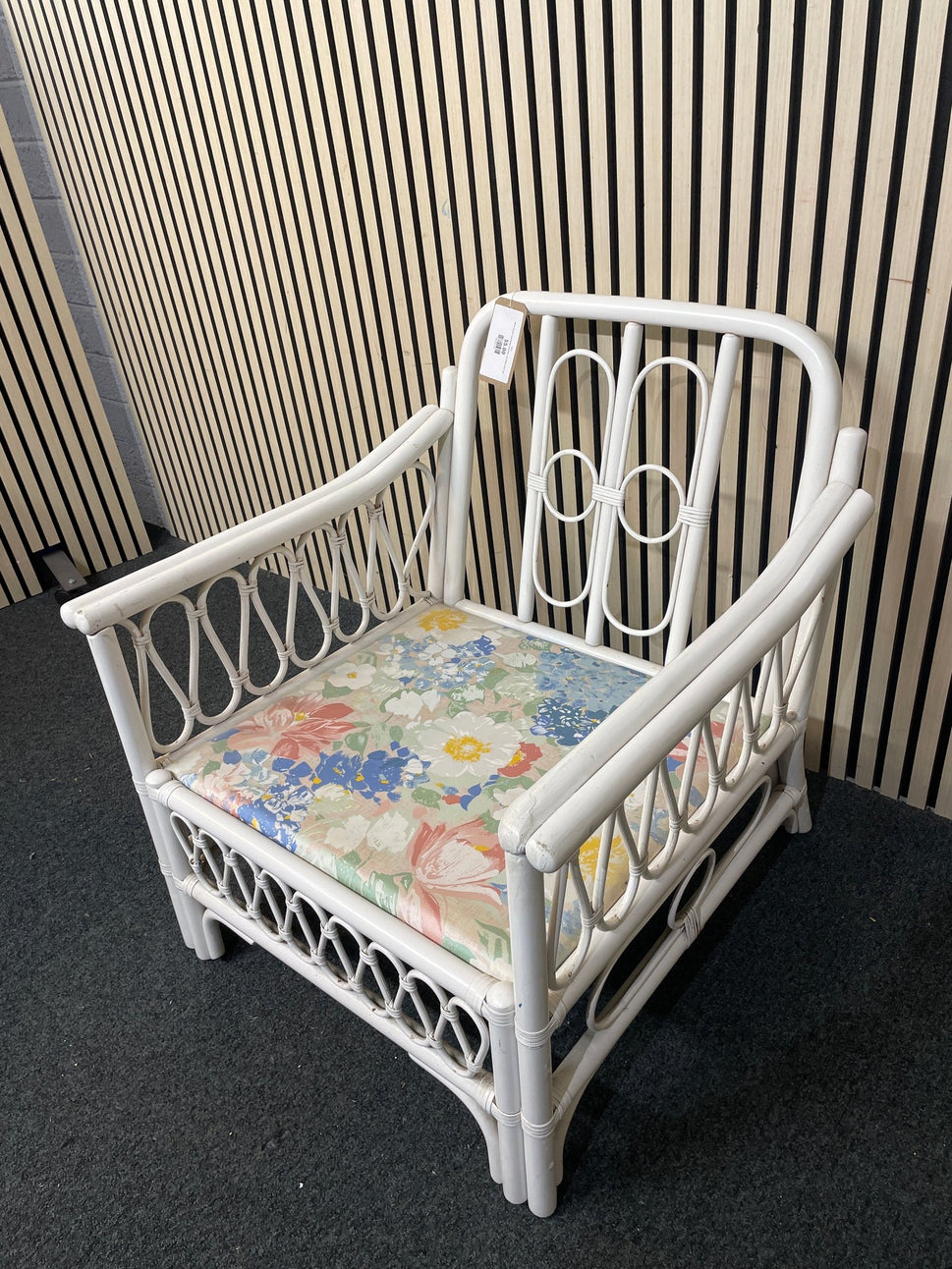 White painted cane framed armchairs with fabric seat 1126