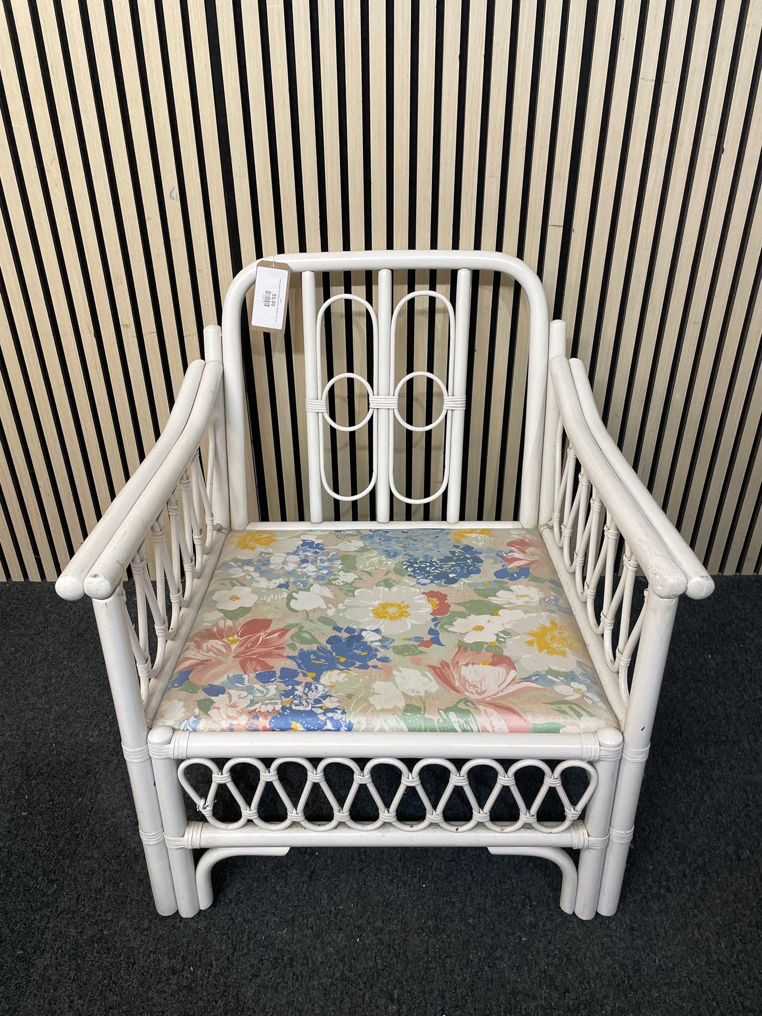 White painted cane framed armchairs with fabric seat 1126