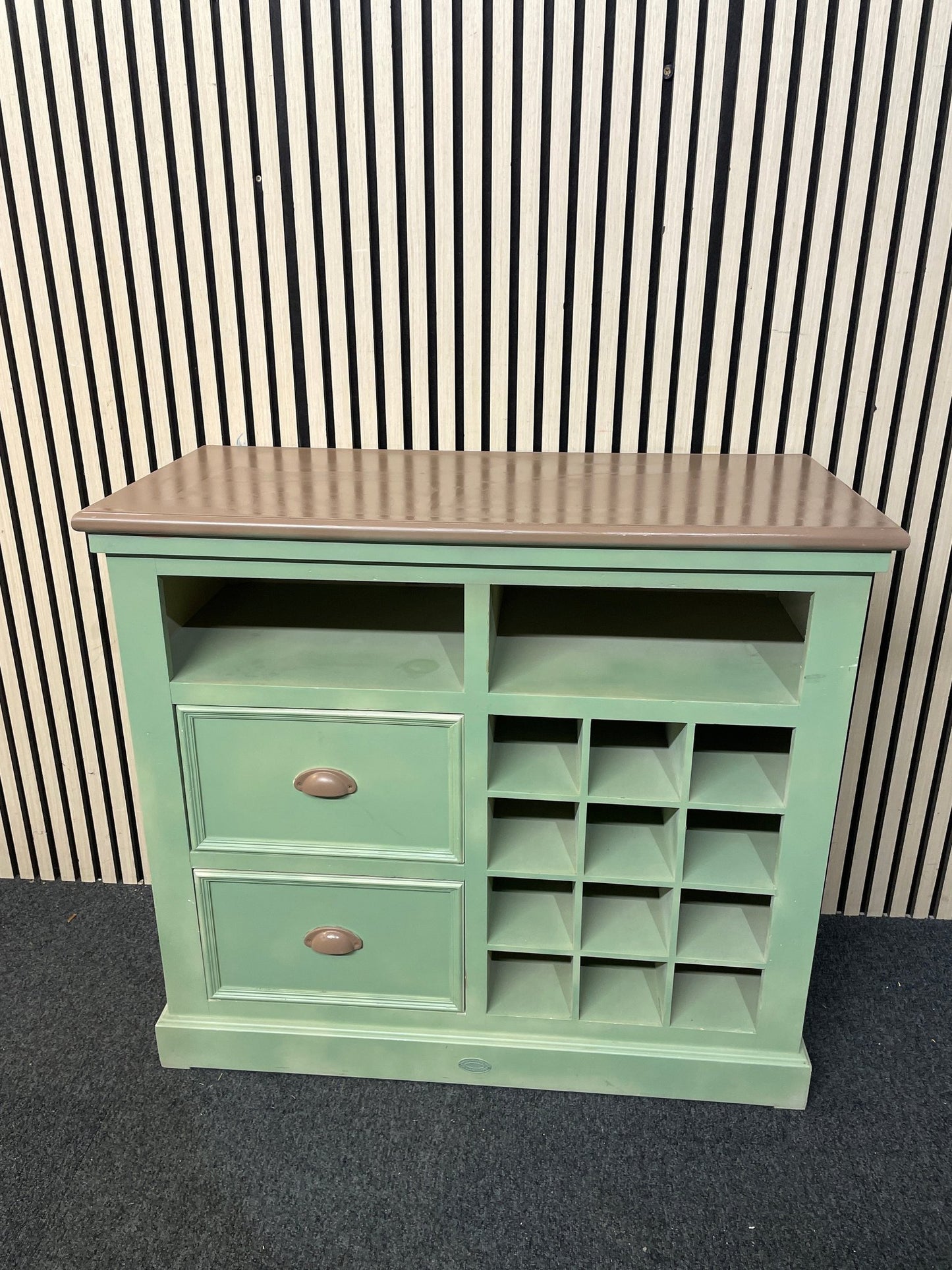Green painted 2 drawer wine rack sideboard with dark wood top (H 84 x W 94 x D 43 cm) 1126