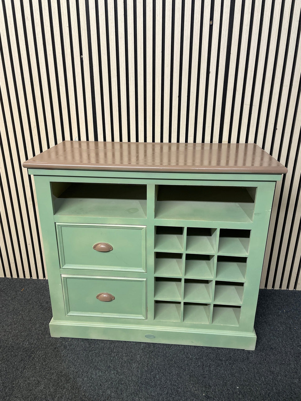 Green painted 2 drawer wine rack sideboard with dark wood top (H 84 x W 94 x D 43 cm) 1126