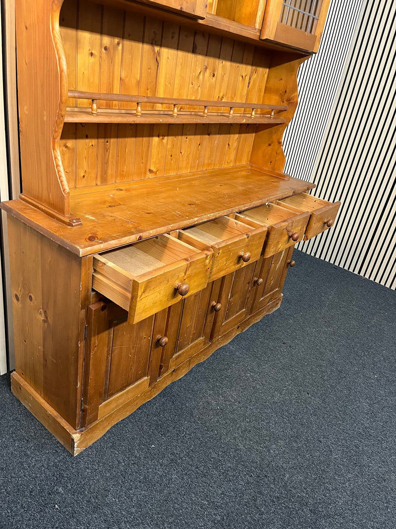 Natural pine two-glass-door top open kitchen dresser with base storage (H 193 x W 151 x D 40 cm) 1126