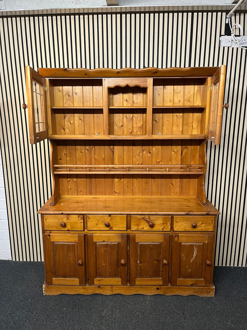 Natural pine two-glass-door top open kitchen dresser with base storage (H 193 x W 151 x D 40 cm) 1126