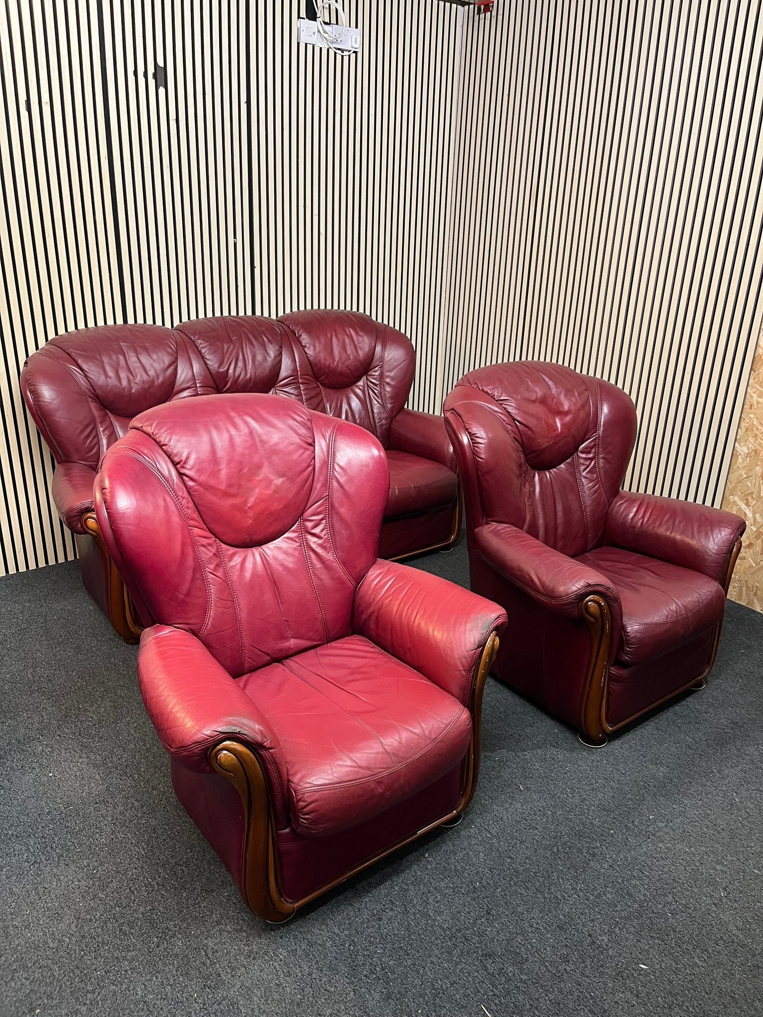 3+1+1 Wine leather Dutch Oak framed high back sofa suite  3126