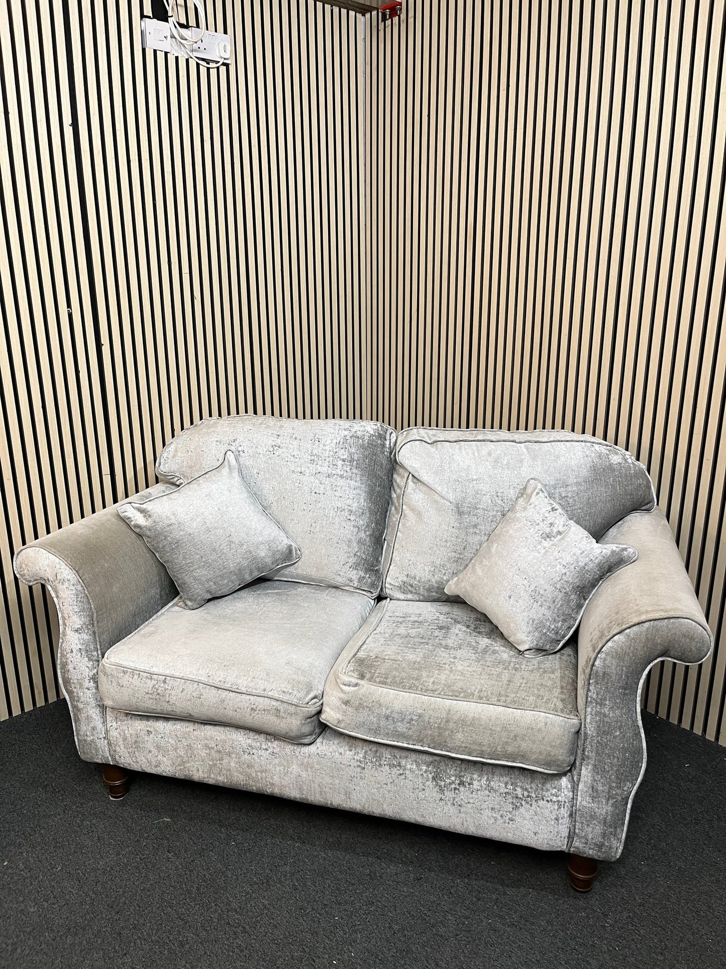 2 seater light grey fabric roll back sofa 3126