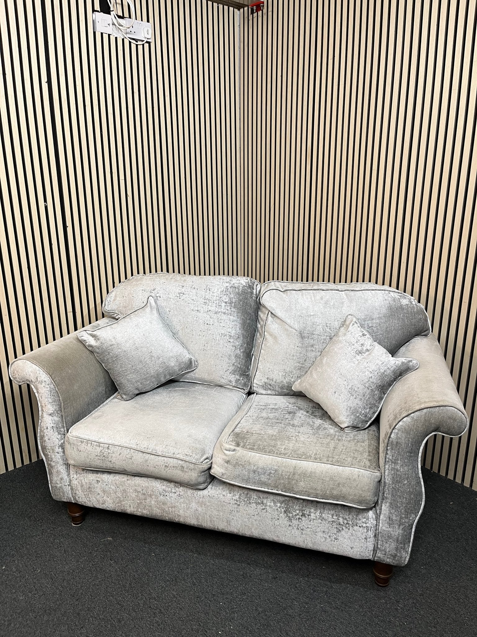 2 seater light grey fabric roll back sofa 3126