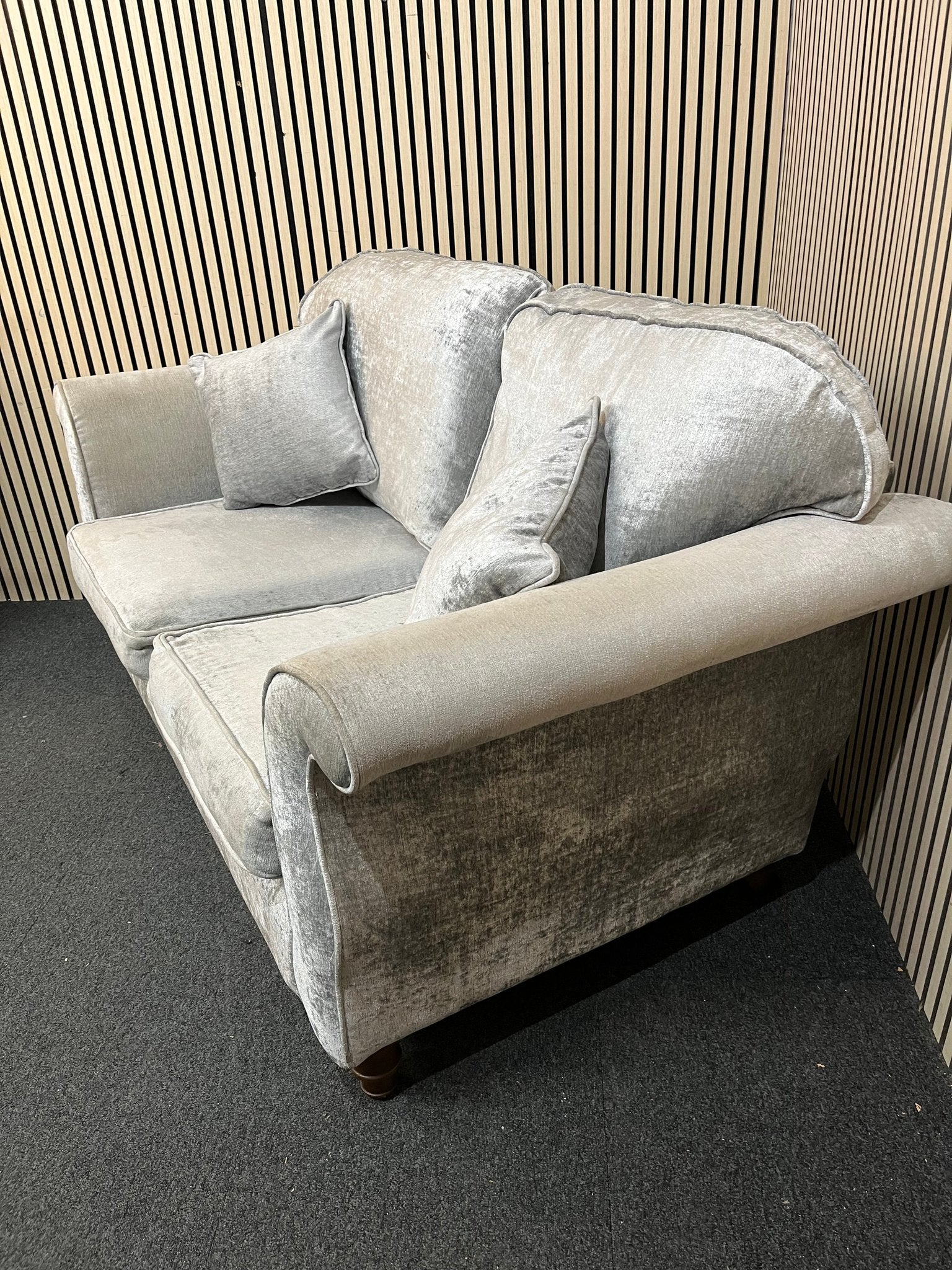 2 seater light grey fabric roll back sofa 3126