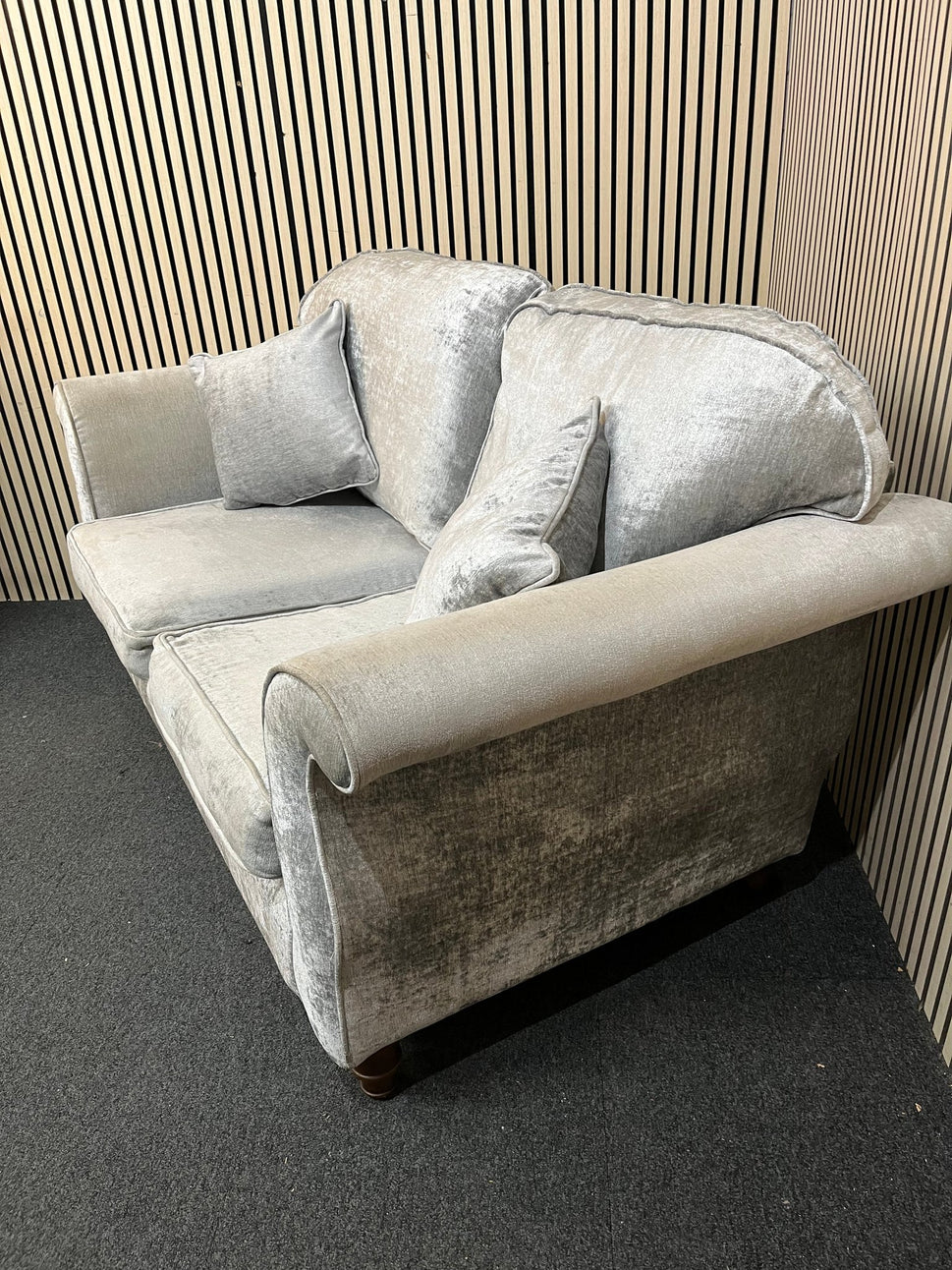 2 seater light grey fabric roll back sofa 3126