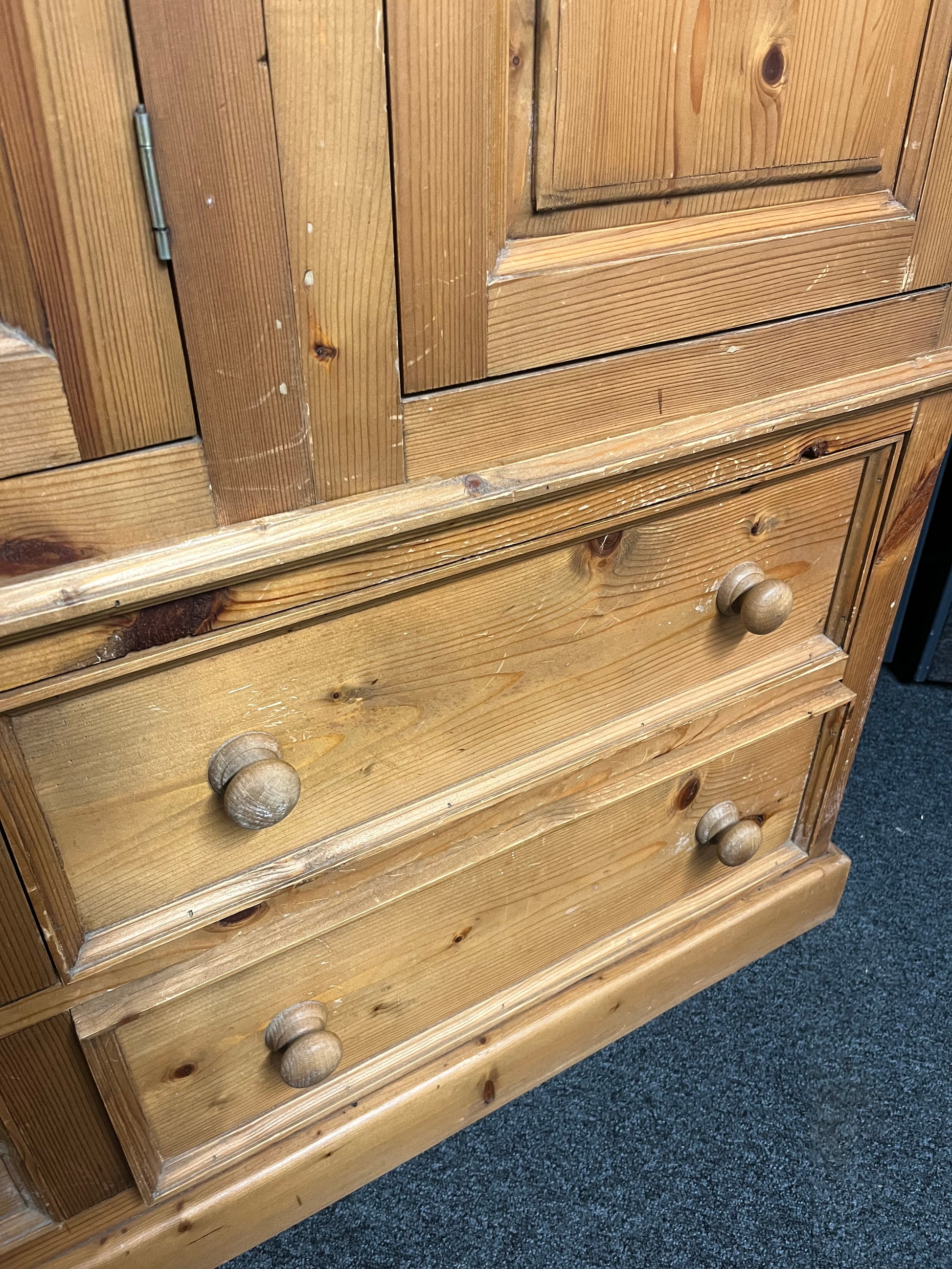 Solid tall pitch pine 3 door 4 drawer wardrobe with ornate pelmet (1480Wx2050Hx630D mm) 1225