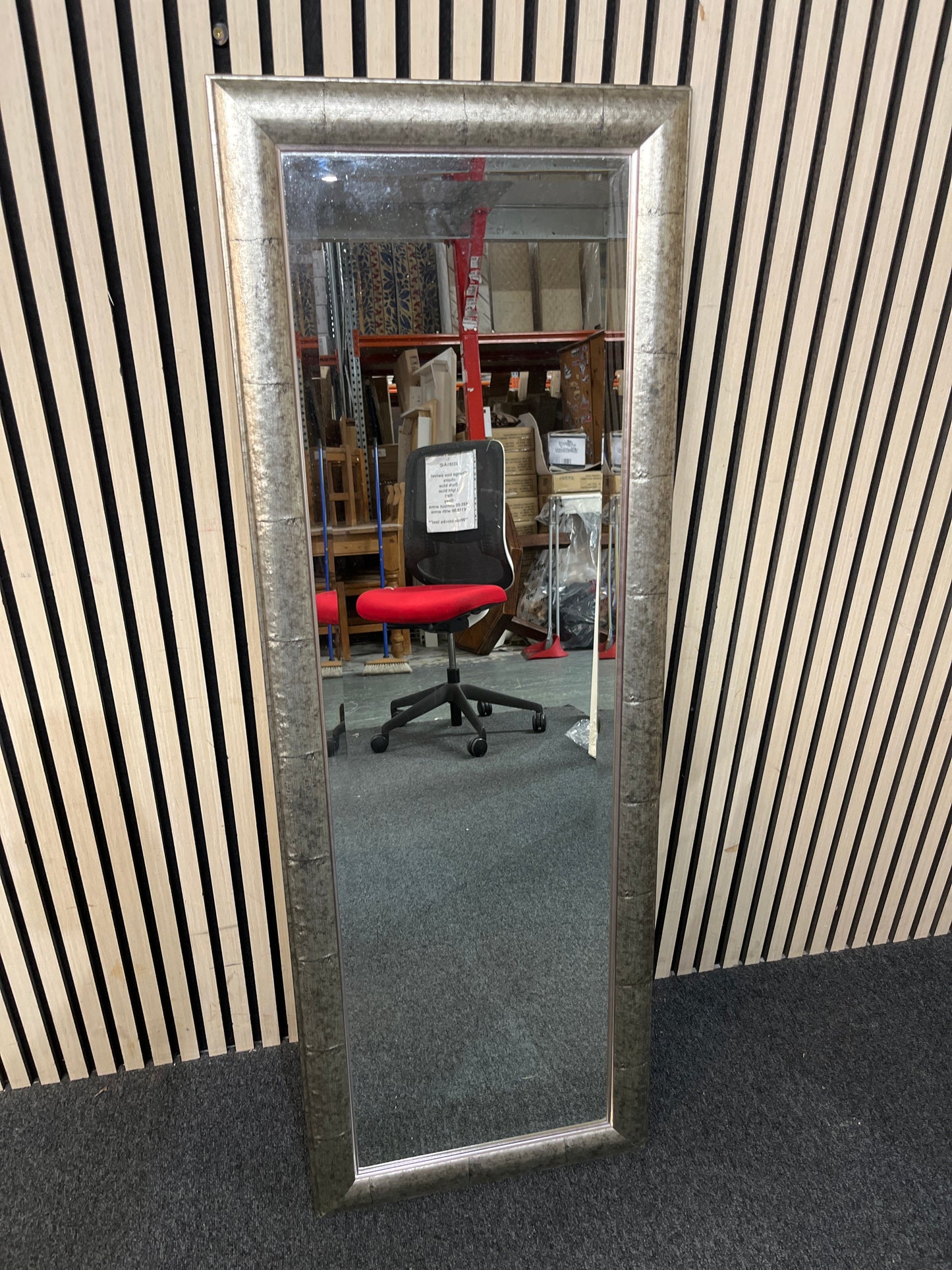 Silver framed full length bevelled mirror (134 x 46 cm) 3126