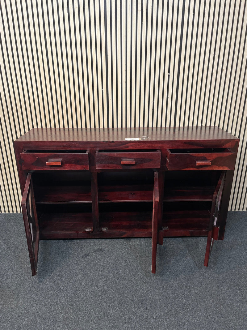 Large stained cherry wood 3 glass door 3 drawer sideboard (H 90 x W 155 x D 46 cm) 43632 - image 4