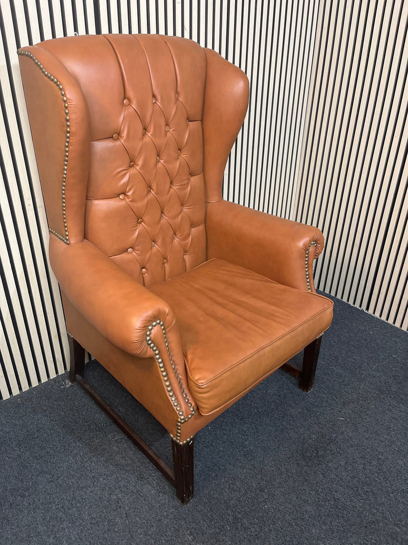 High back wing armchairs in tan leather with solid wood frame  43713 - image 1