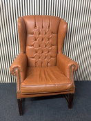 High back wing armchairs in tan leather with solid wood frame  43713