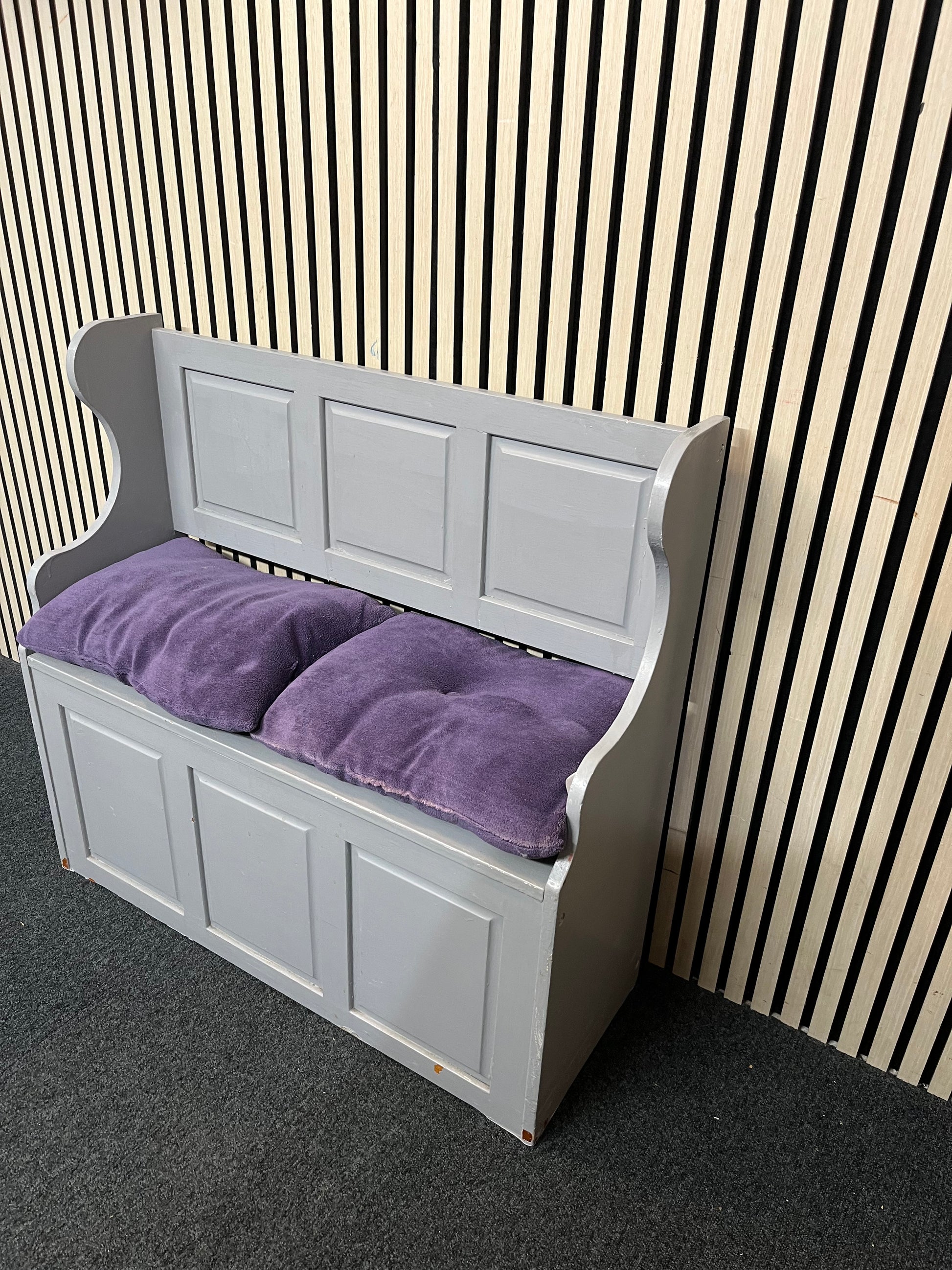 Grey pine monksbench with Purple cushions  1126