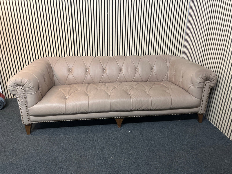 3 seater dark cream leather chesterfield sofa - button back, scratches to the side of the sofa, damaged springs 43739 - image 3