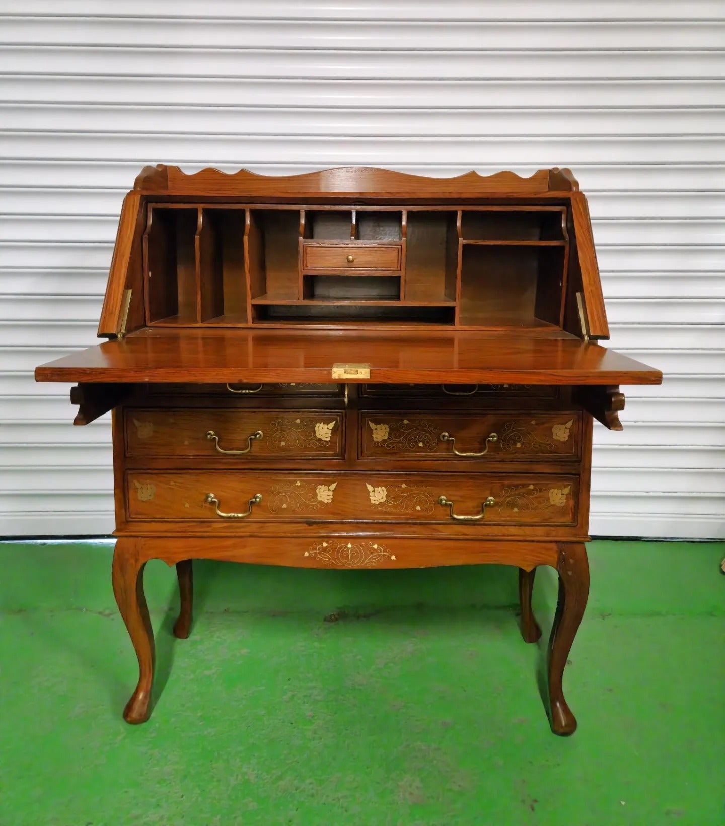 Antique rosewood mahogany 5 drawer writing bureau, inlaid design, with upstand, slim design Q4323