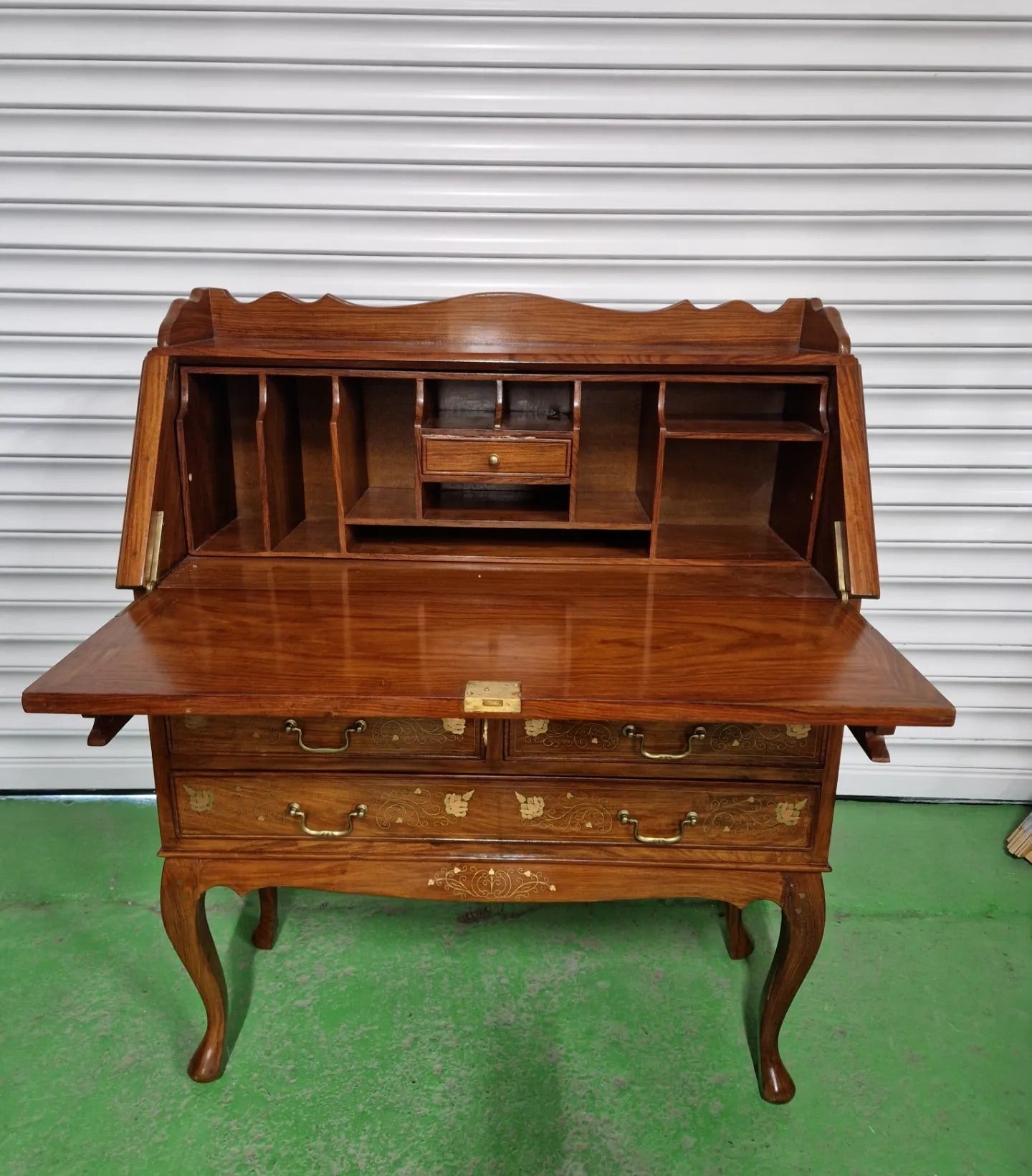 Antique rosewood mahogany 5 drawer writing bureau, inlaid design, with upstand, slim design Q4323