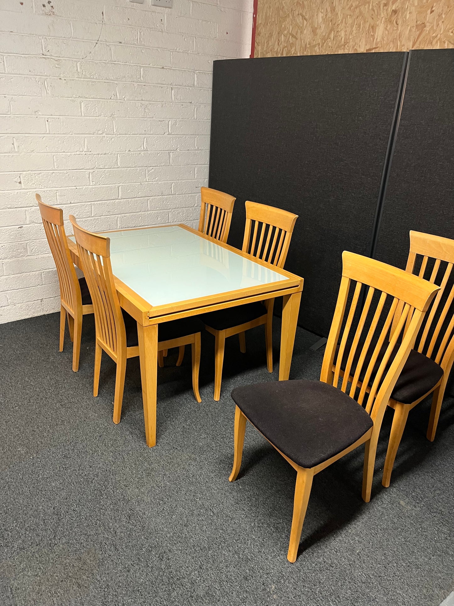 Solid beech and frosted glass extendable dining table with 6 no. matching beech chairs with black seat fabric (L 210 - 130 x W 70) 2225