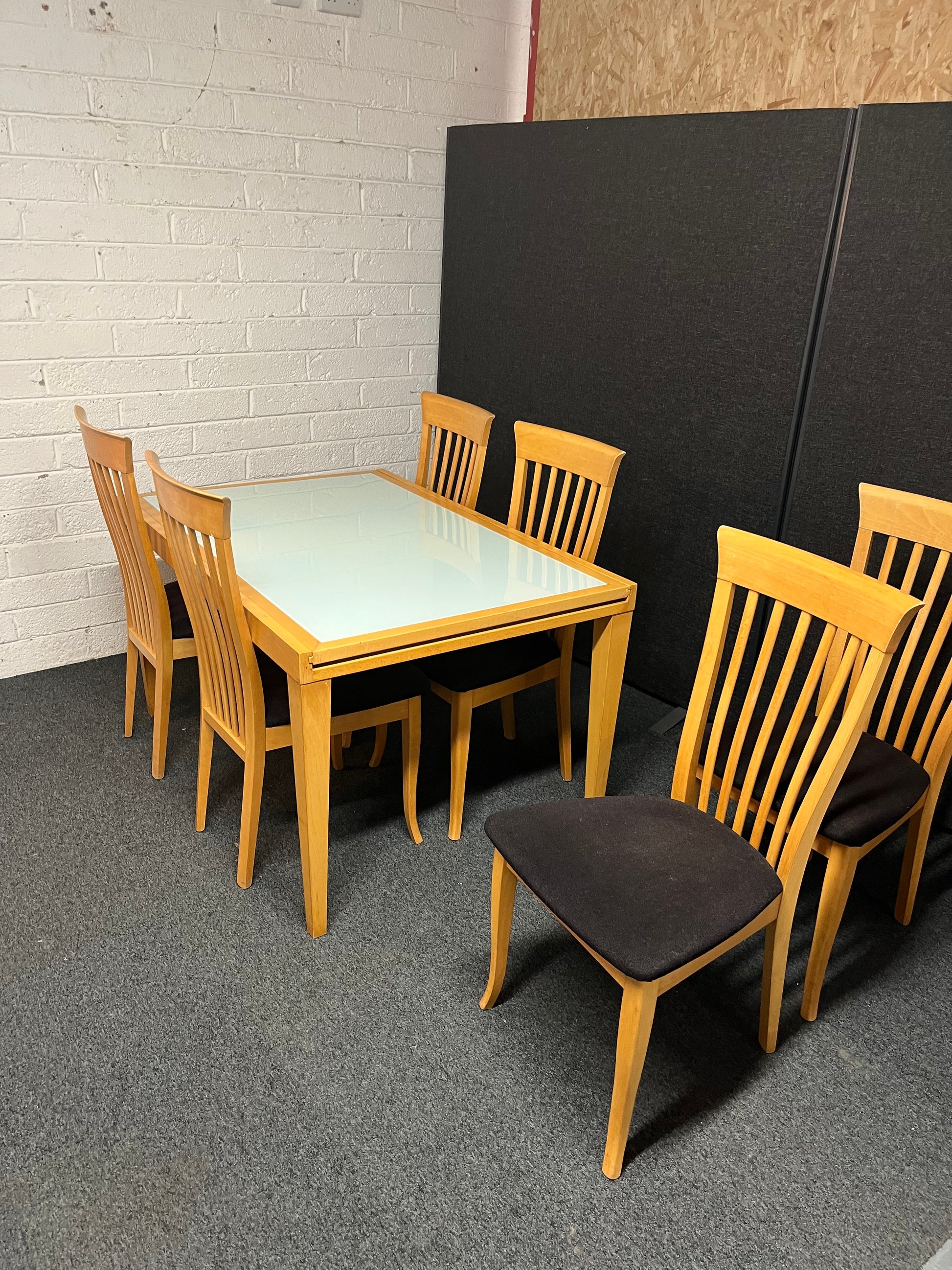 Solid beech and frosted glass extendable dining table with 6 no. matching beech chairs with black seat fabric (L 210 - 130 x W 70) 2225